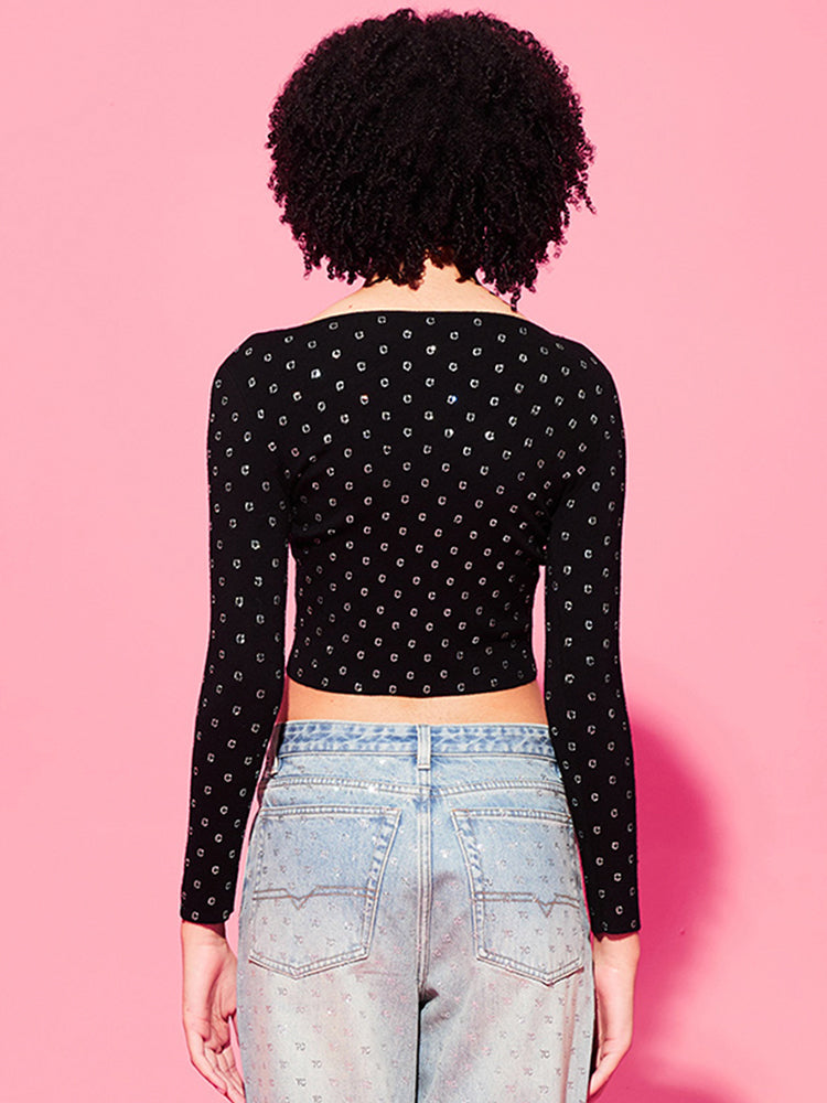 tch rhinestone cut out neck knit cropped top black HighEnd Luxury Streetwear Brand Official Showcase