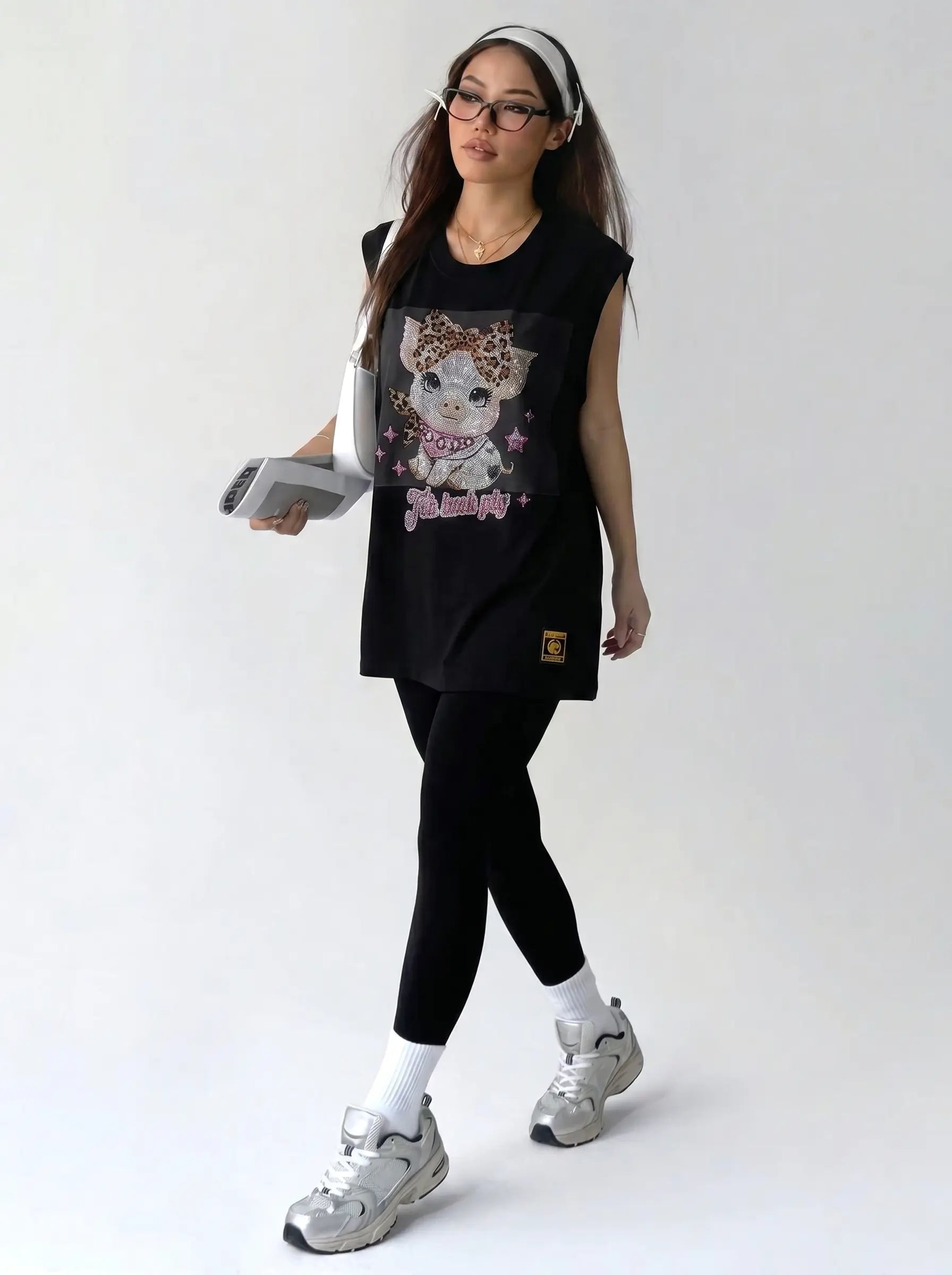 TCH Rhinestone Cute Pig Graphic Sleeveless Tank Top - 2