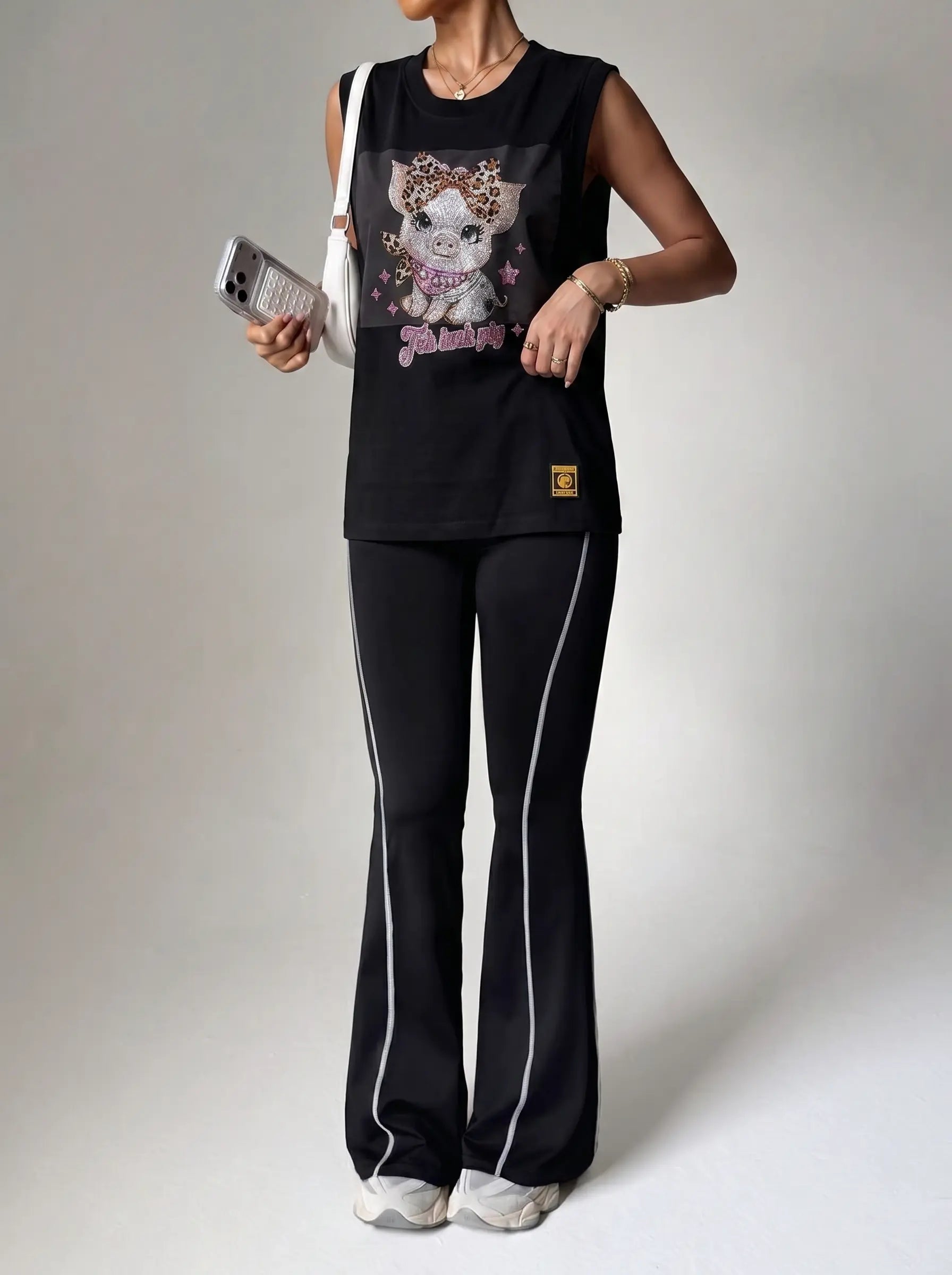 TCH Rhinestone Cute Pig Graphic Sleeveless Tank Top - 7