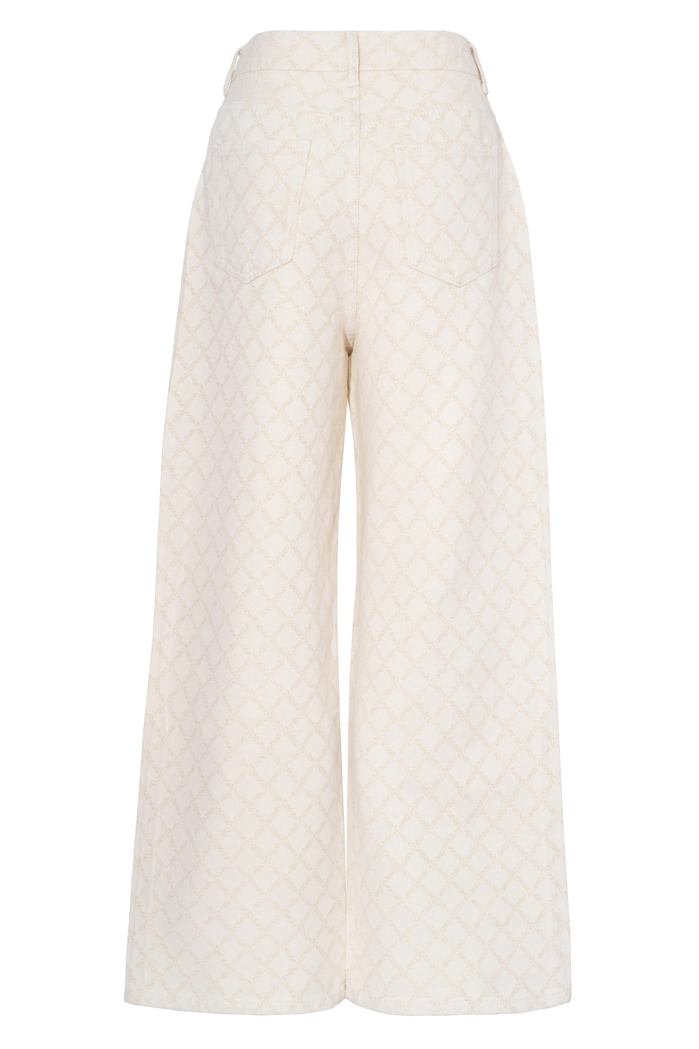 White textured wide-leg pants on a white background, TCH Rhinestone Daisy Mesh Pattern Beige Denim Jeans