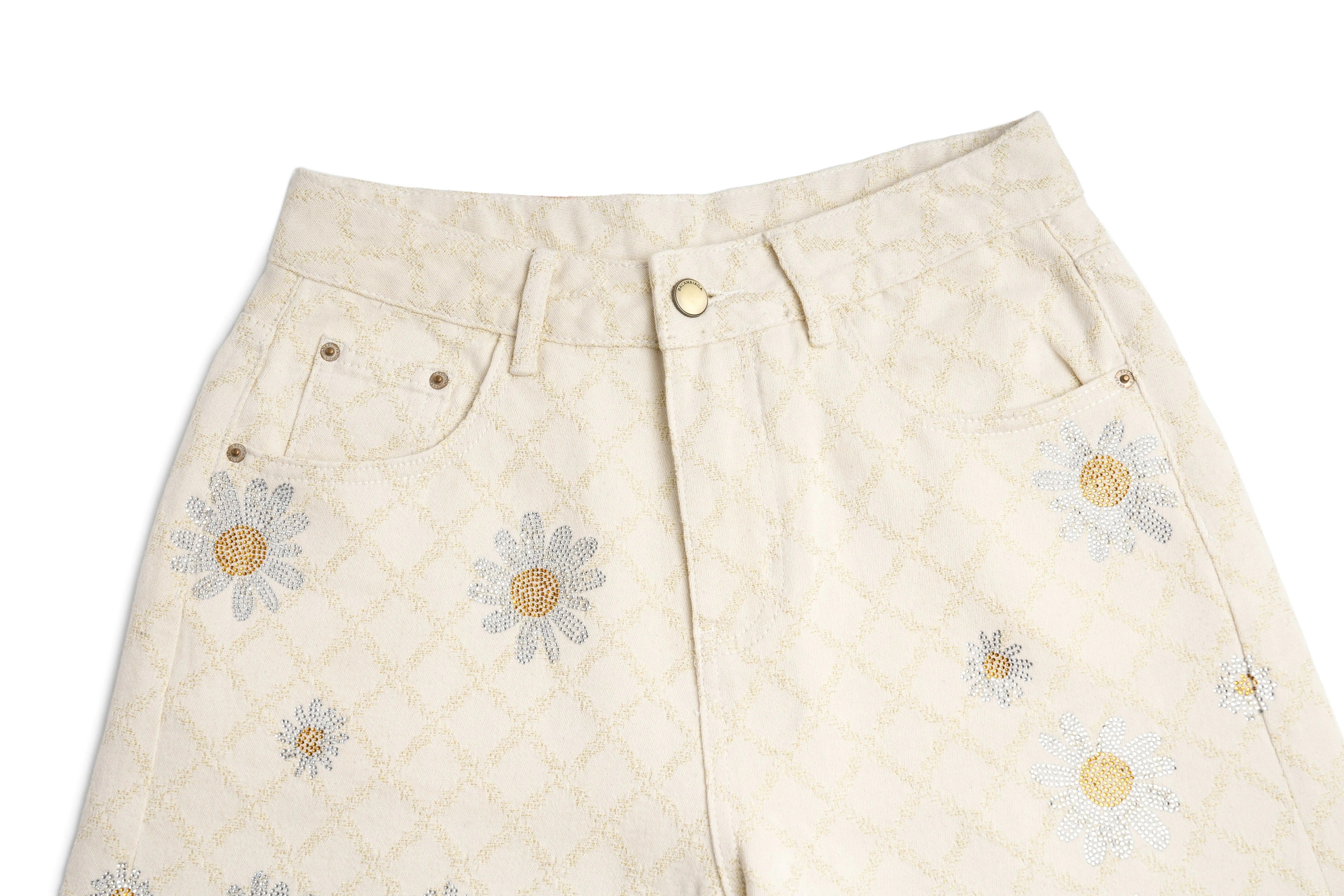 Beige pants with floral embroidery on a white background, TCH Rhinestone Daisy Mesh Pattern Beige Denim Jeans