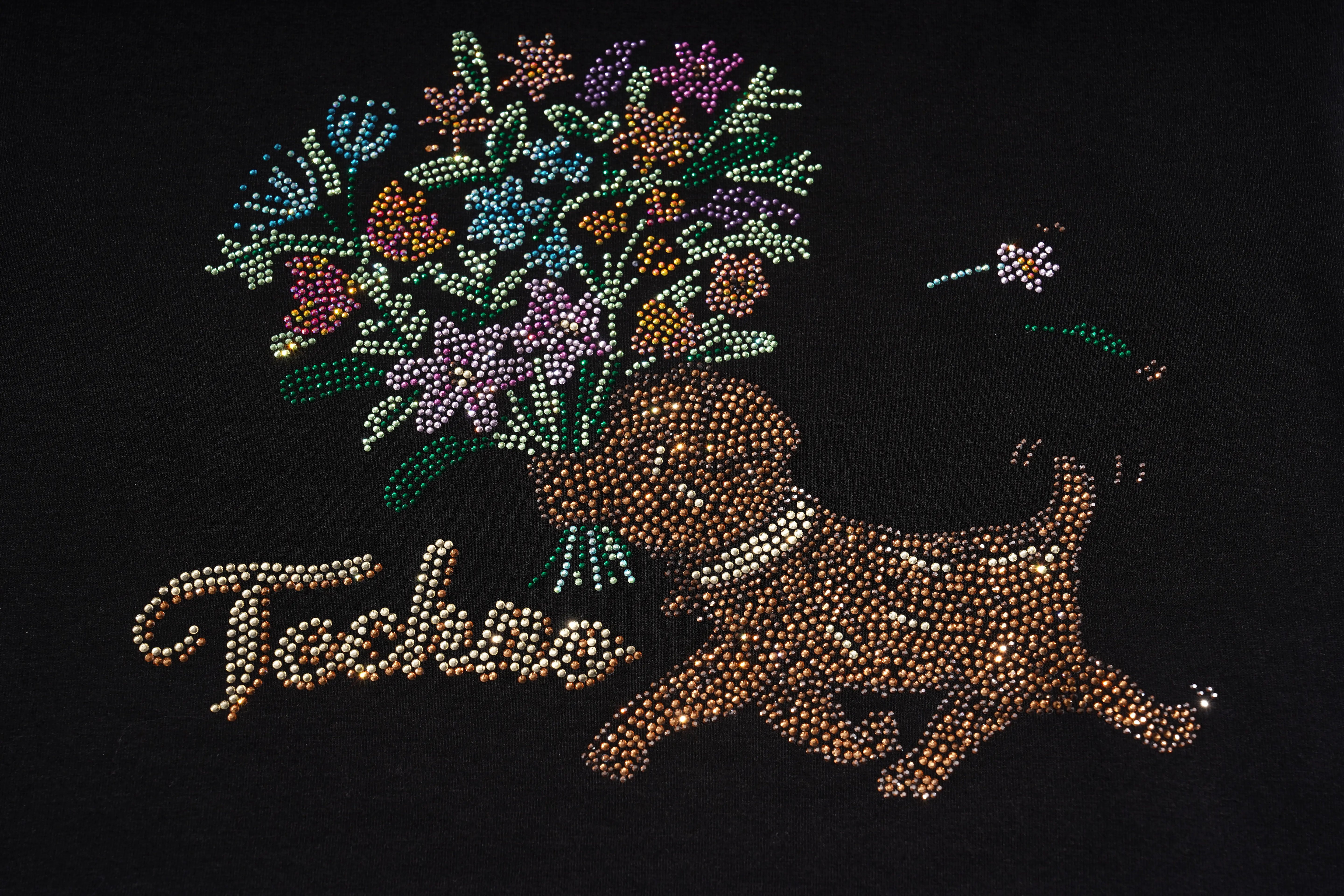 A black fabric surface featuring a decorative graphic made of rhinestones, showing a brown puppy holding a colorful bouquet of flowers above the script word 'Techno'. TCH Rhinestone Deer Graphic Mesh Sleeve Black Streetwear T-Shirt