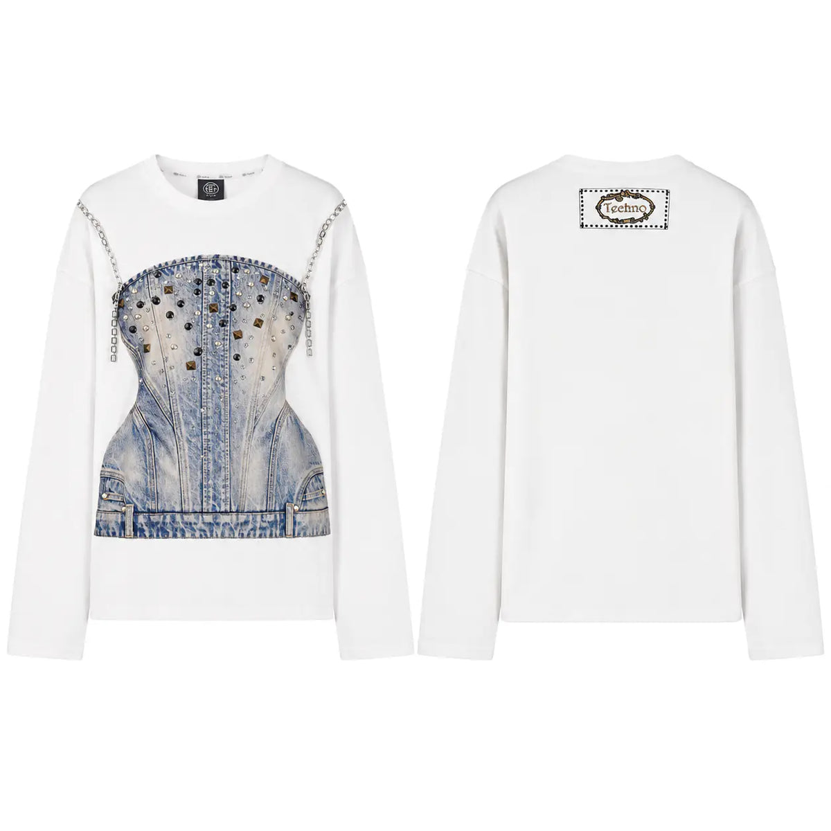 A white crewneck sweatshirt shown from both front and back. The front features a large graphic print of a blue denim corset embellished with silver studs and chain details. TCH Rhinestone Denim Corset Graphic Long Sleeve T-Shirt
