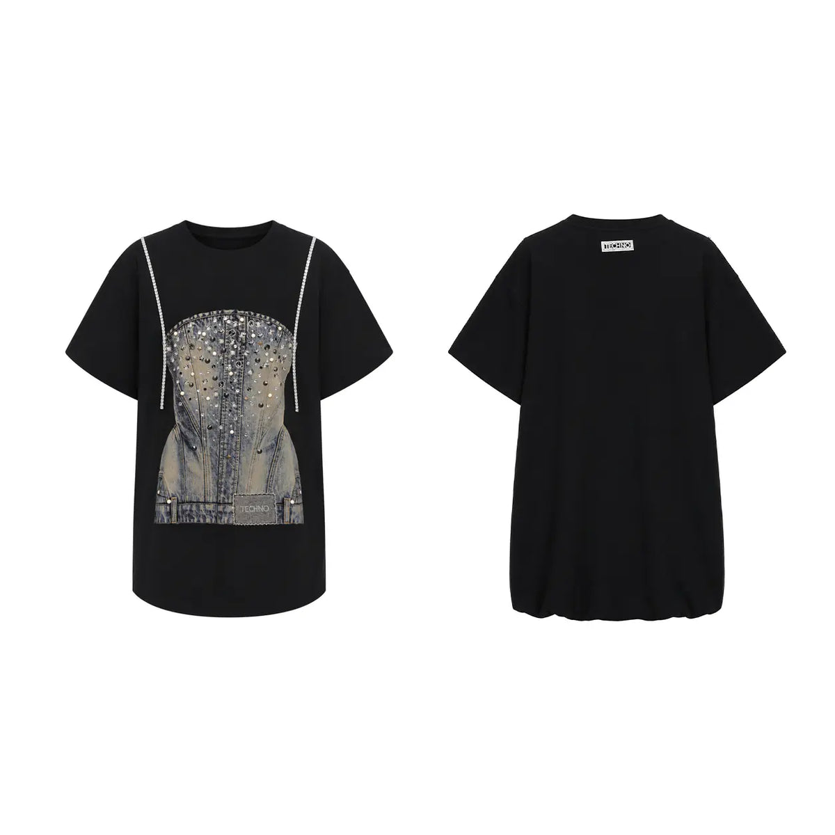 A black short-sleeve t-shirt shown from both front and back views. The front features a large graphic print of a classical bronze sculpture with white drawstring details at the shoulders, and a small white brand label on the back neck. TCH Rhinestone Denim Corset Graphic Oversized T-Shirt