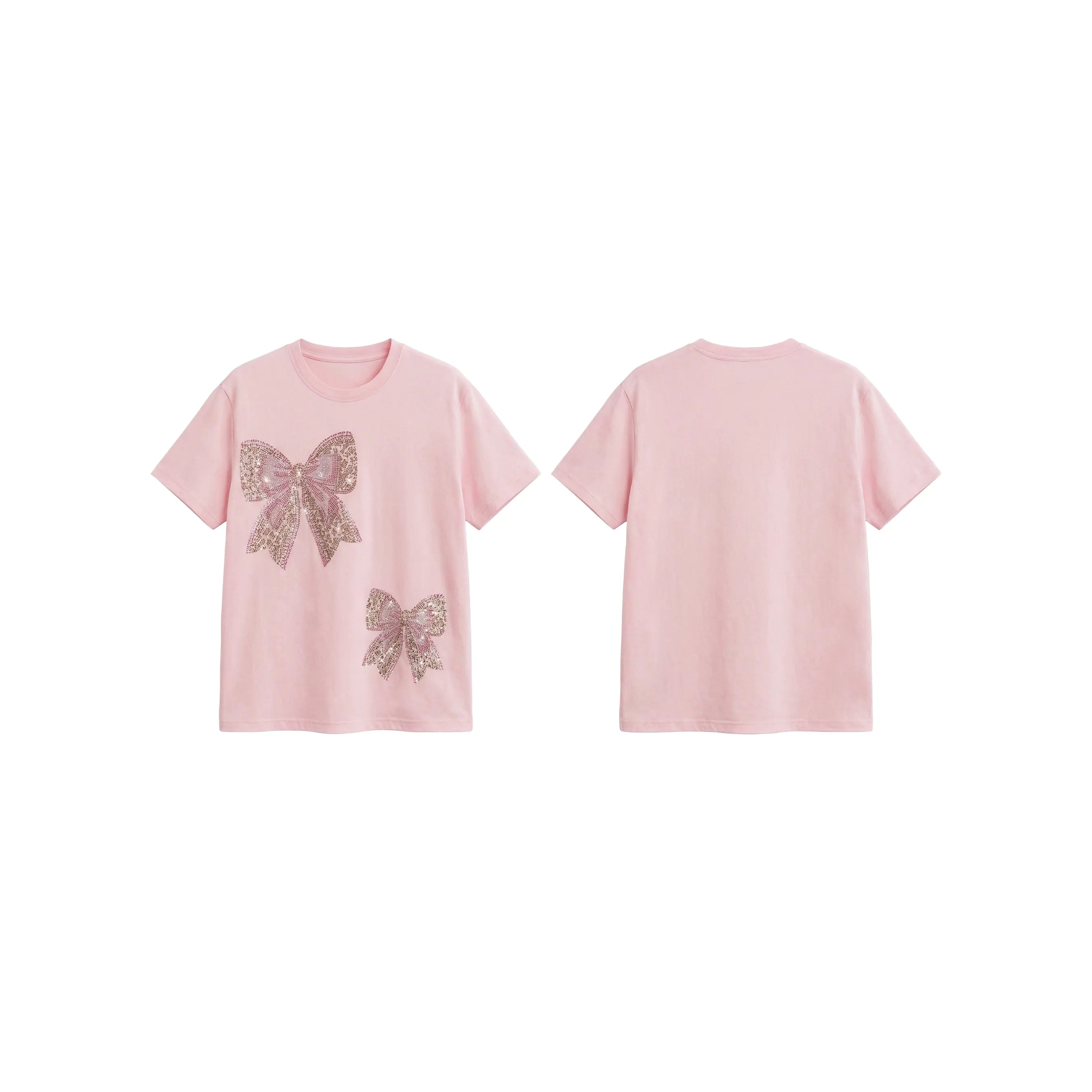 A light pink short-sleeve t-shirt shown from both the front and back views. The front features two glittery bow designs in a metallic rose gold color. TCH Rhinestone Double Bow Cotton T-Shirt