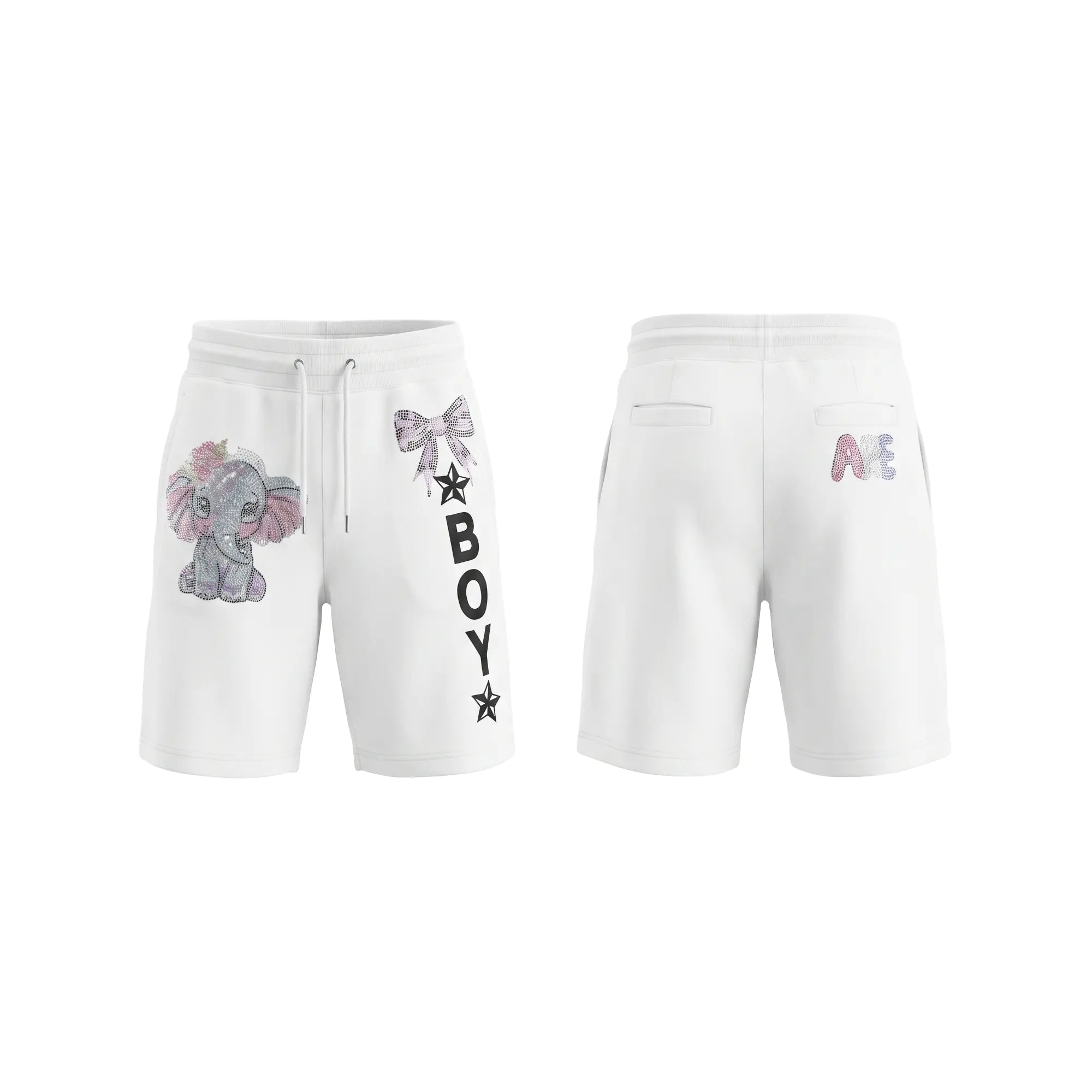 White shorts with elephant design and text on a white background, TCH Rhinestone Elephant Bow White Casual Shorts Luxury Streetwear Brand Official Showcase