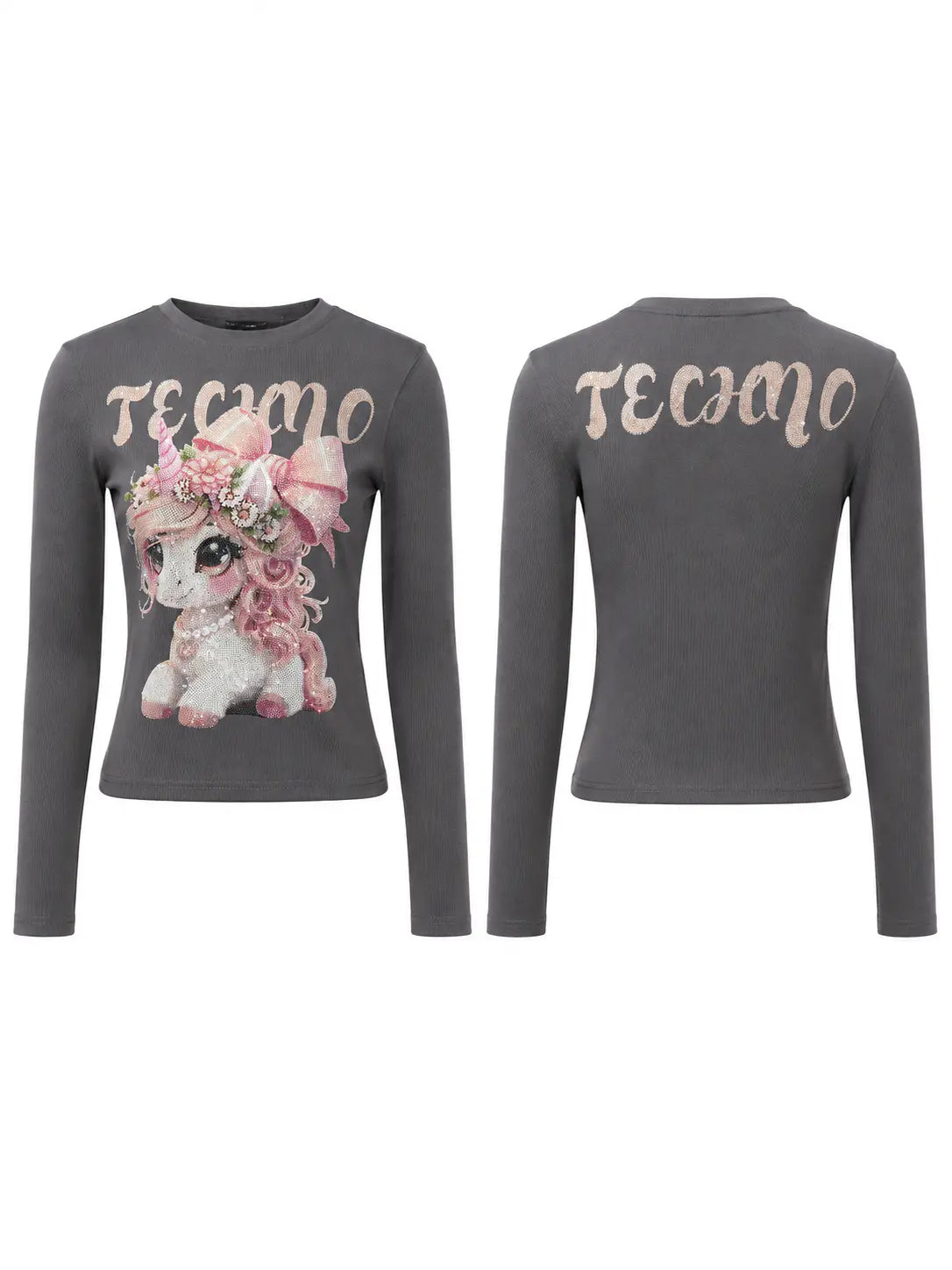 A dark gray long-sleeve crop top shown from both front and back. The front features a graphic of a cute white cartoon pony with pink hair and a floral crown, with the word 'TECMO' printed above in a light pinkish-beige font. TCH Rhinestone Fantasy Unicorn Graphic Long Sleeve T-Shirt