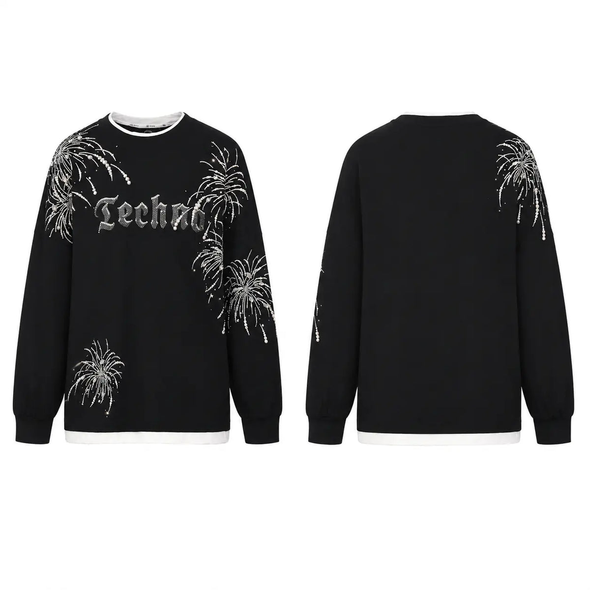 Black crewneck sweatshirt shown from the front and back, featuring silver glittery gothic 'Techno' text on the chest and silver glitter firework graphics on the sleeves and lower body. TCH Rhinestone Firework Graphic Black Sweatshirt