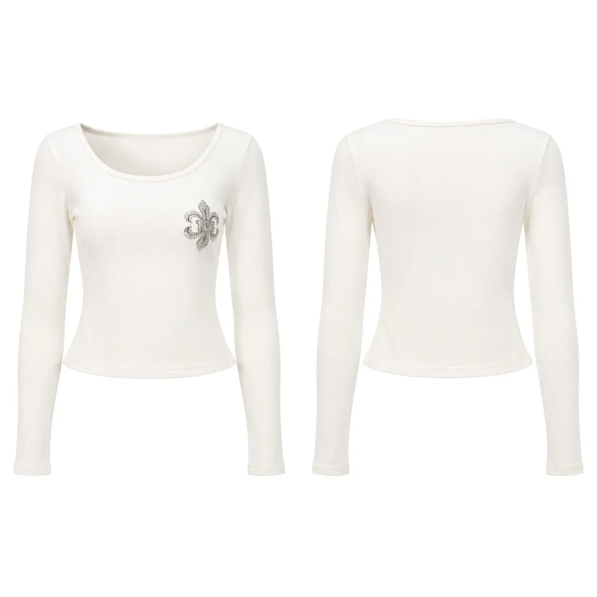 An off-white long-sleeve crop top shown from both the front and back views. The front view features a scoop neckline and a small silver floral embellishment on the left chest. TCH Rhinestone Fleur-de-Lis Fitted Long Sleeve Top