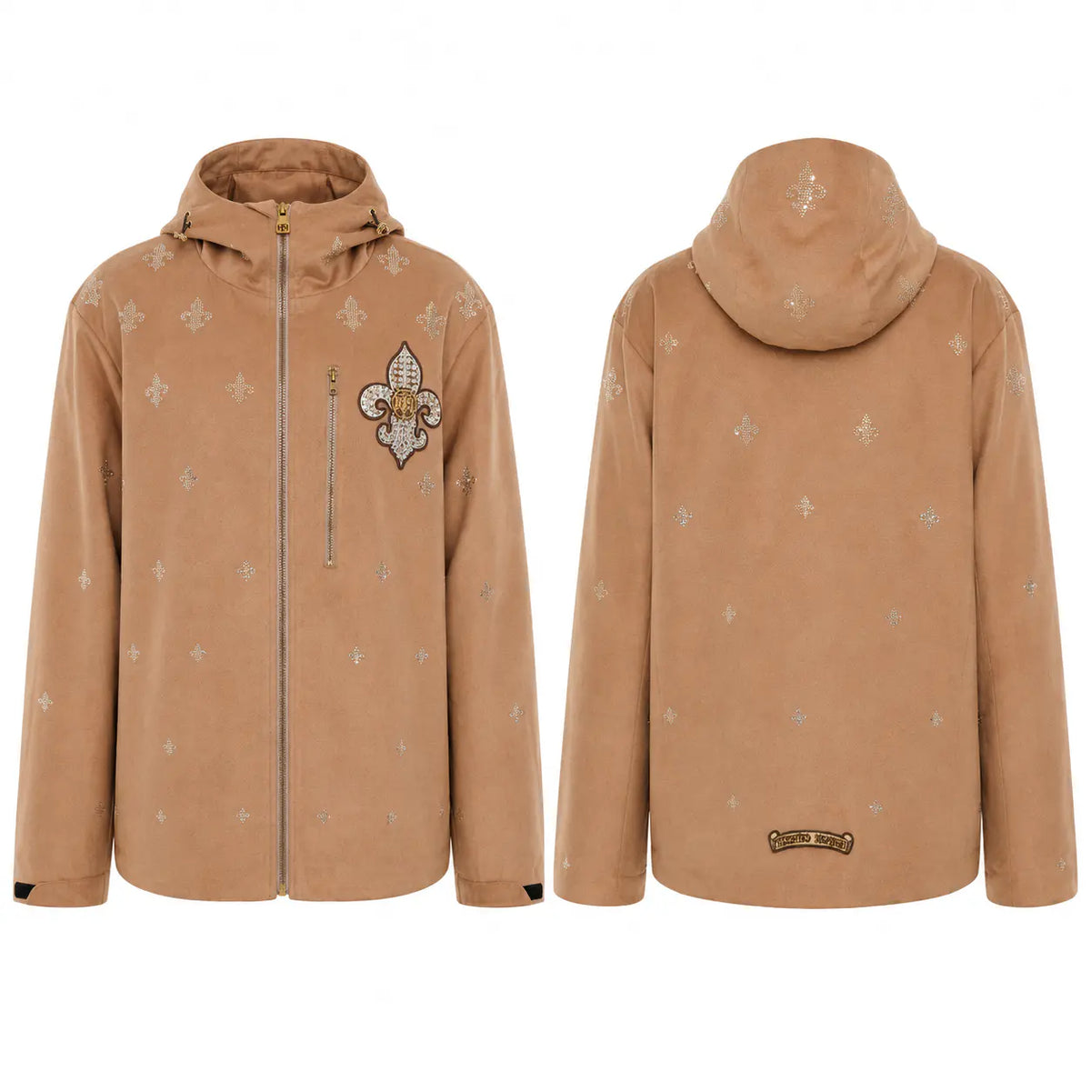 A tan hooded jacket shown from both front and back on a plain white background. The front features a full zip, a vertical zip chest pocket, a decorative fleur-de-lis patch with 'SOUKOU' text, and subtle tonal embroidered motifs. TCH Rhinestone Fleur-de-Lis Hooded Jacket