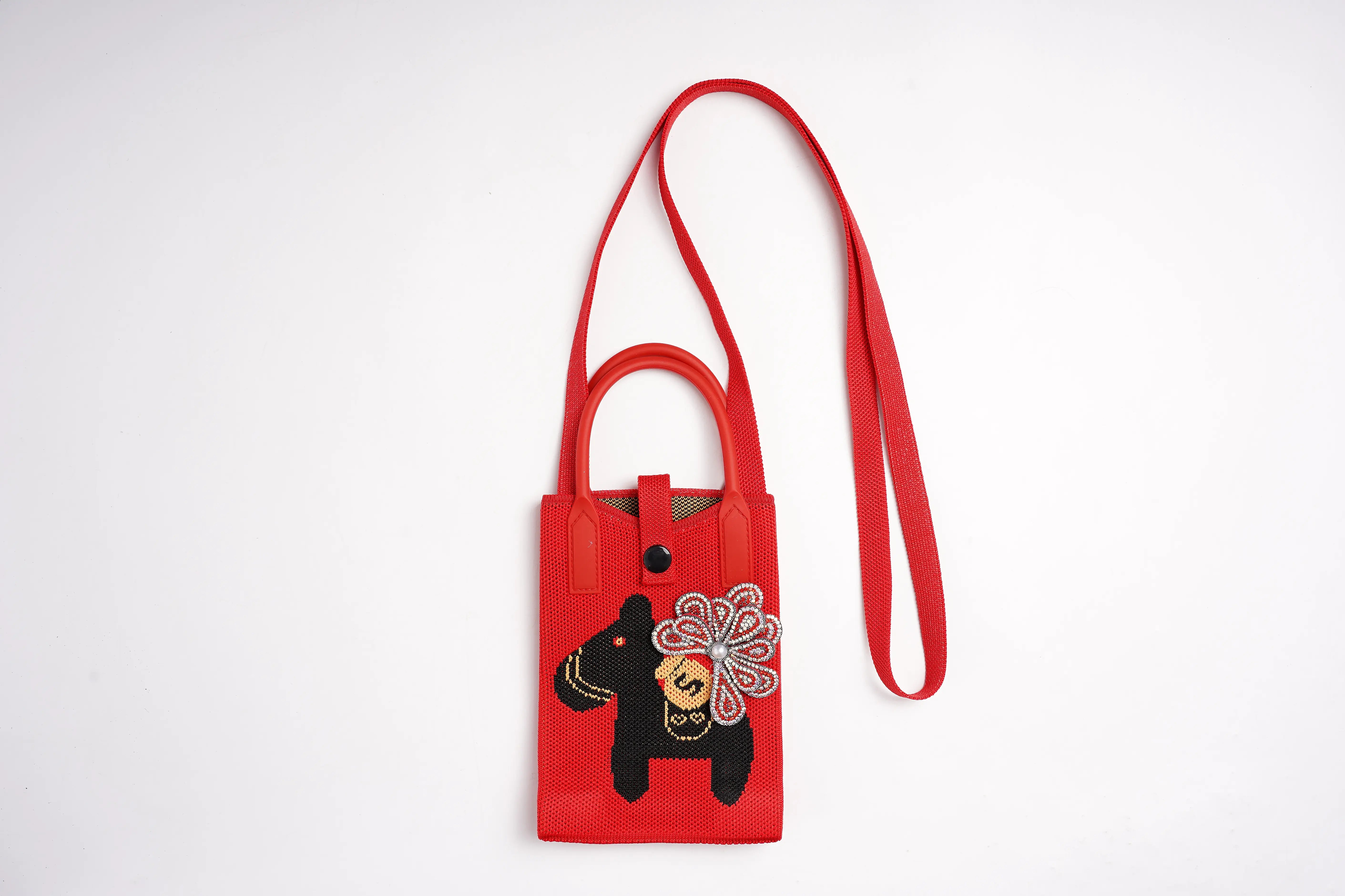 Red handbag with a black dog design and a flower on a white background, TCH Rhinestone Floral Black Horse Red Crossbody & Handbag