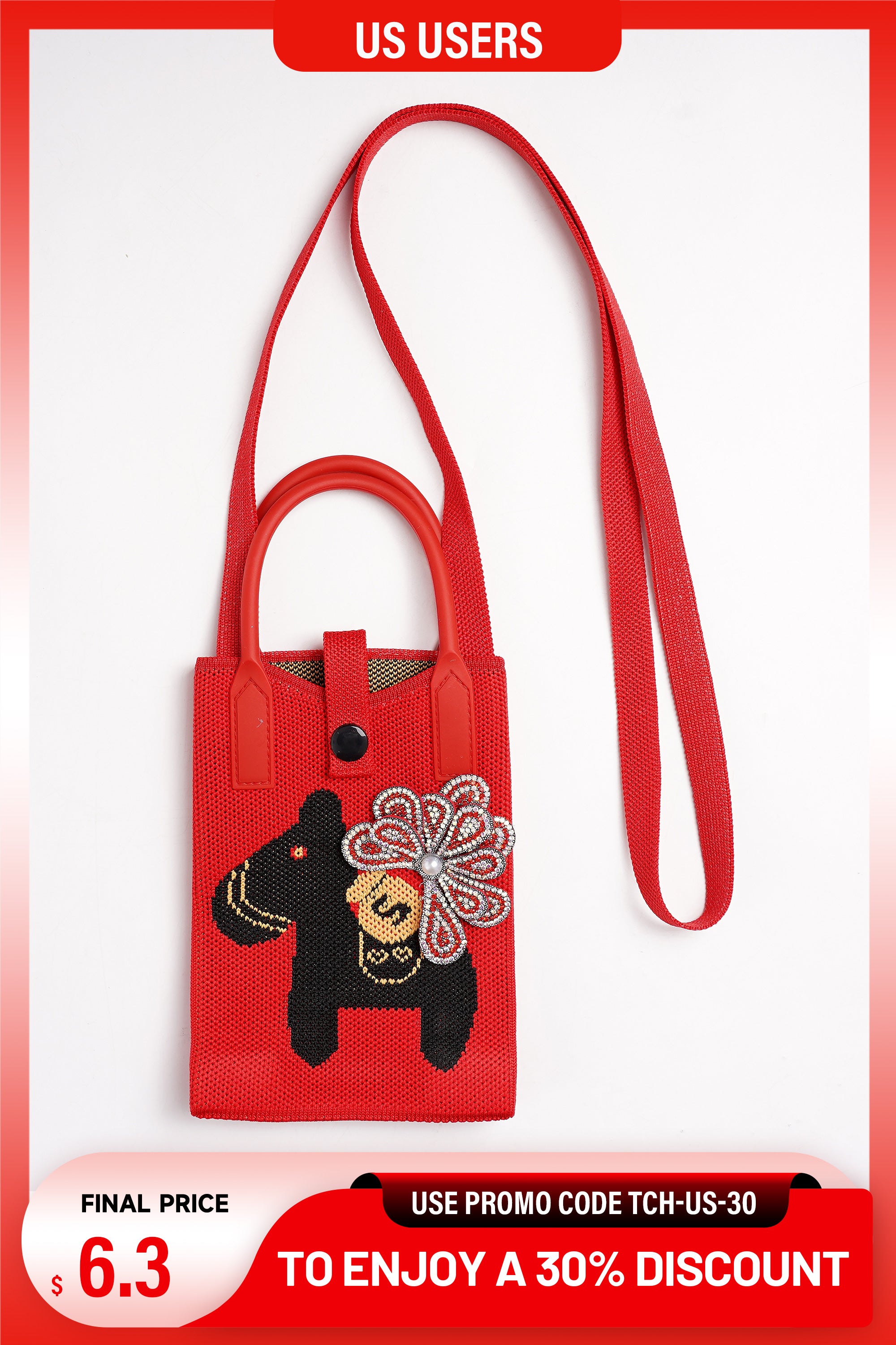 Red handbag with black bear design on a white background, TCH Rhinestone Floral Black Horse Red Crossbody & Handbag