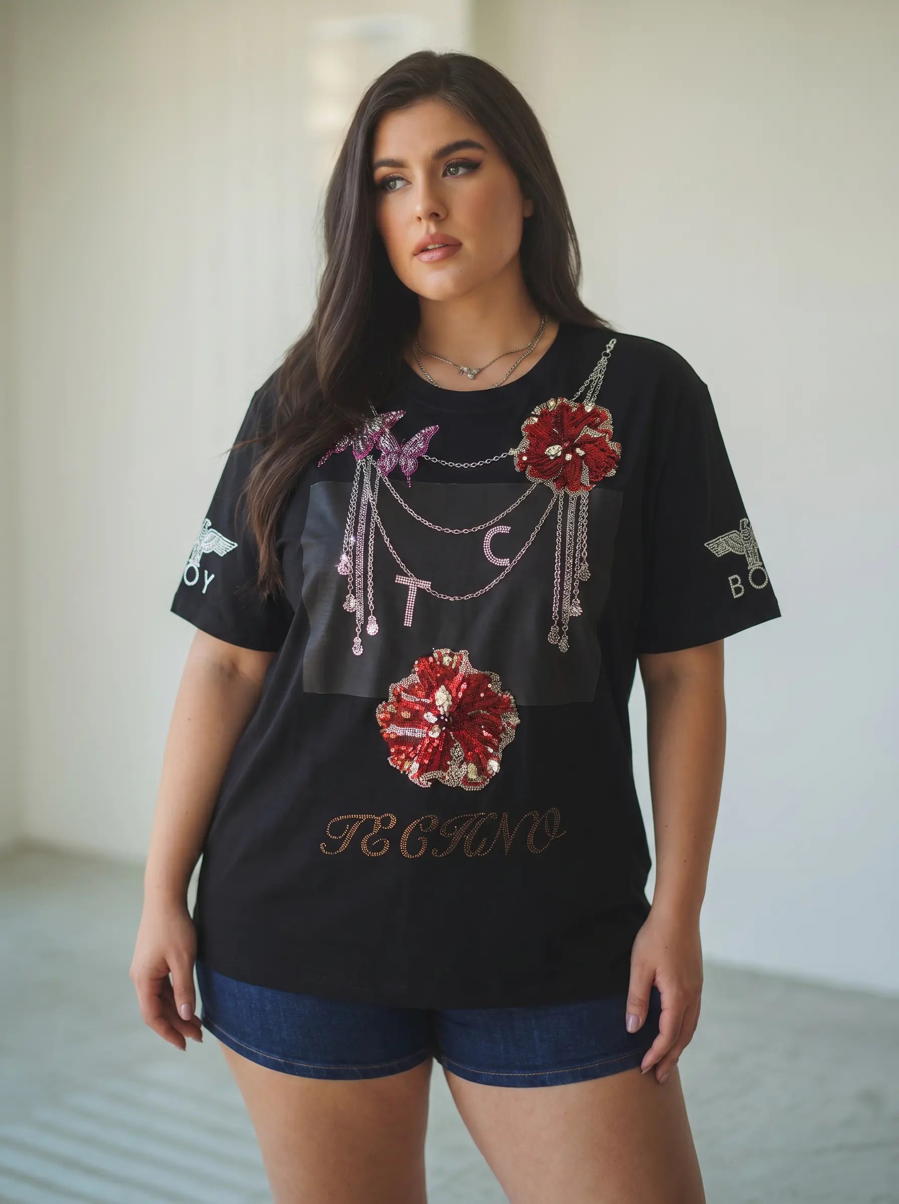 TCH Rhinestone Floral Chain Graphic Black T-Shirt - 2