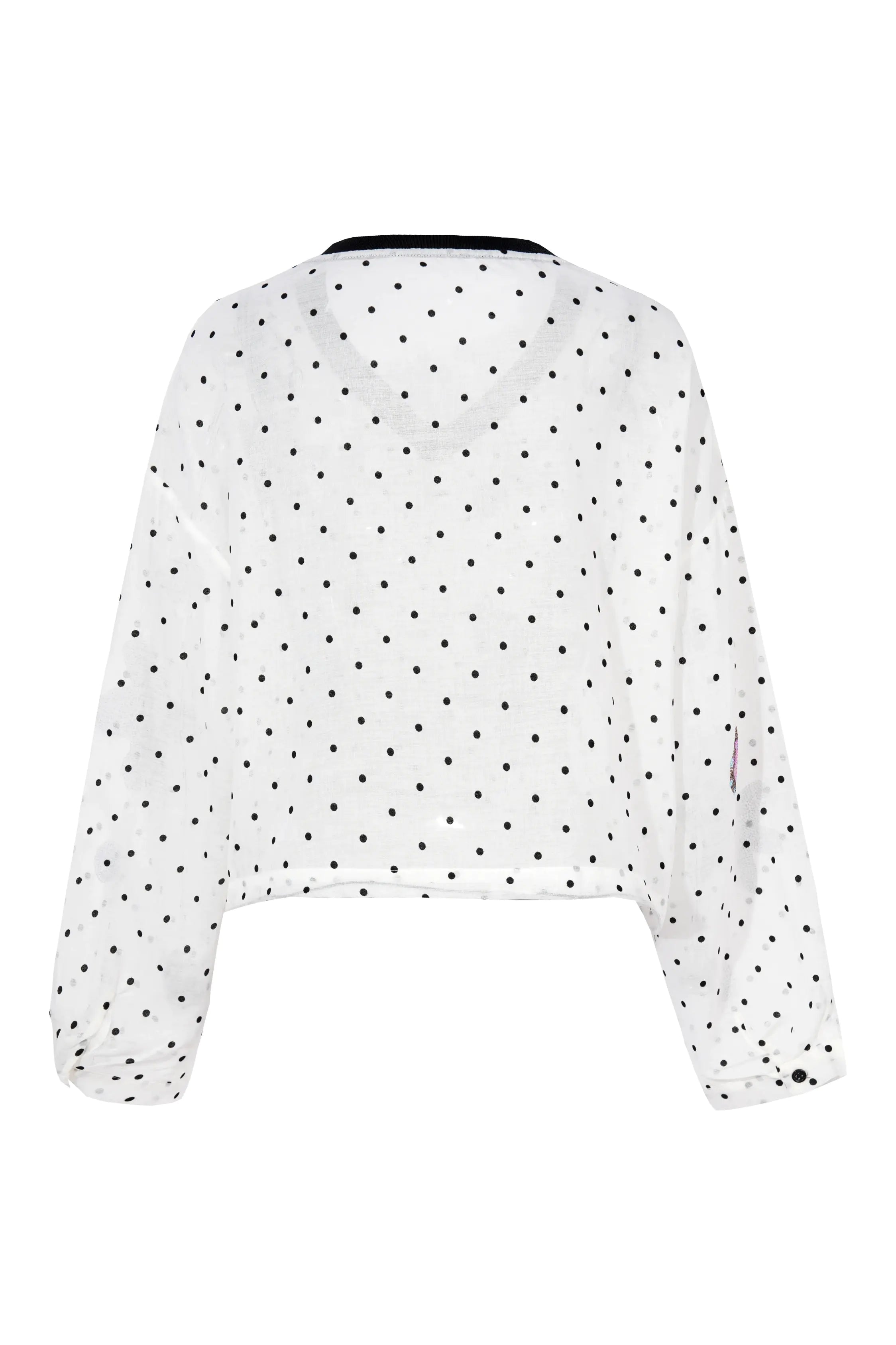 White sweatshirt with black polka dot pattern on a white background, TCH Rhinestone Floral Garden Polka Dot Long Sleeve Top