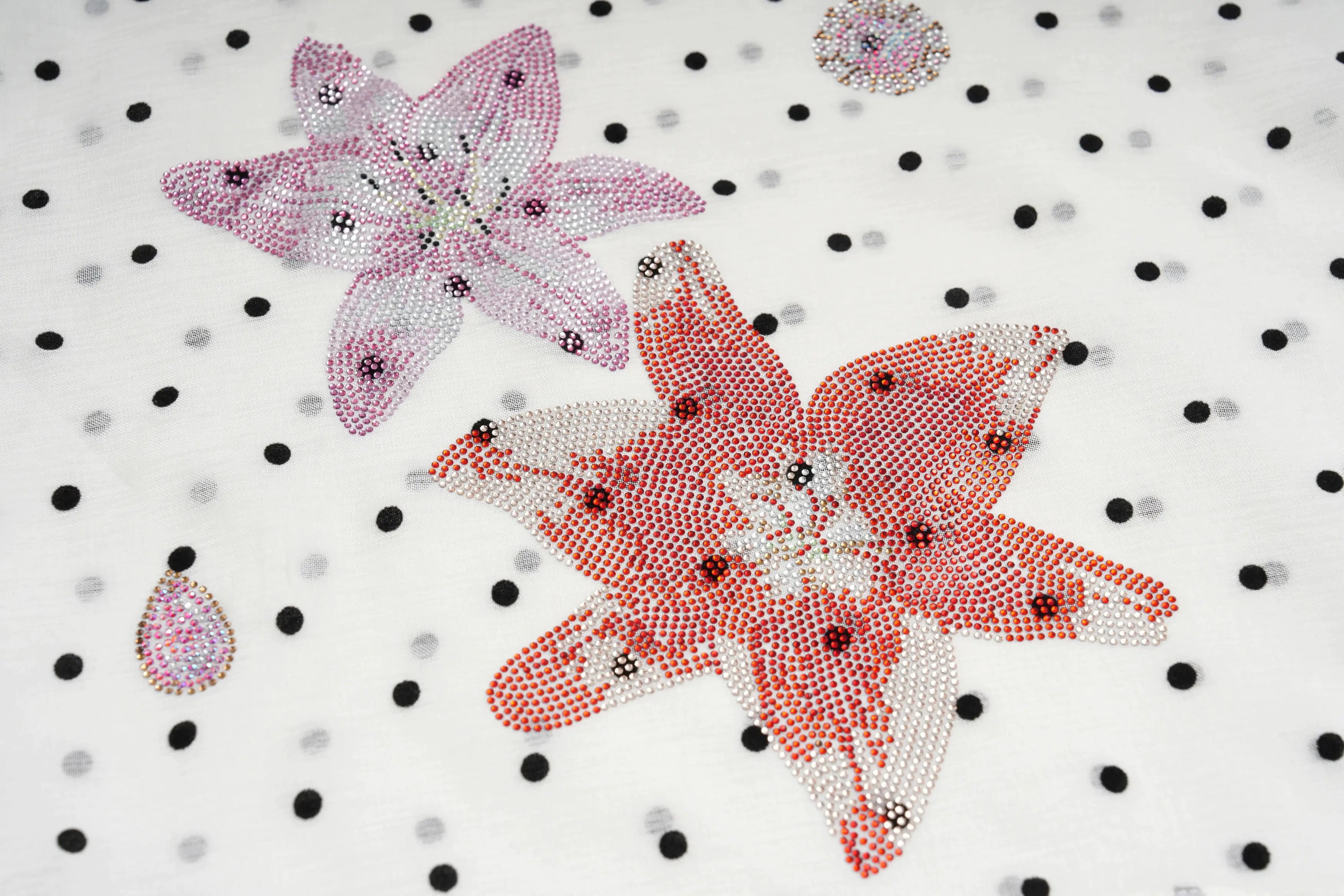 Decorative flowers made of small beads on a polka dot background, TCH Rhinestone Floral Garden Polka Dot Long Sleeve Top