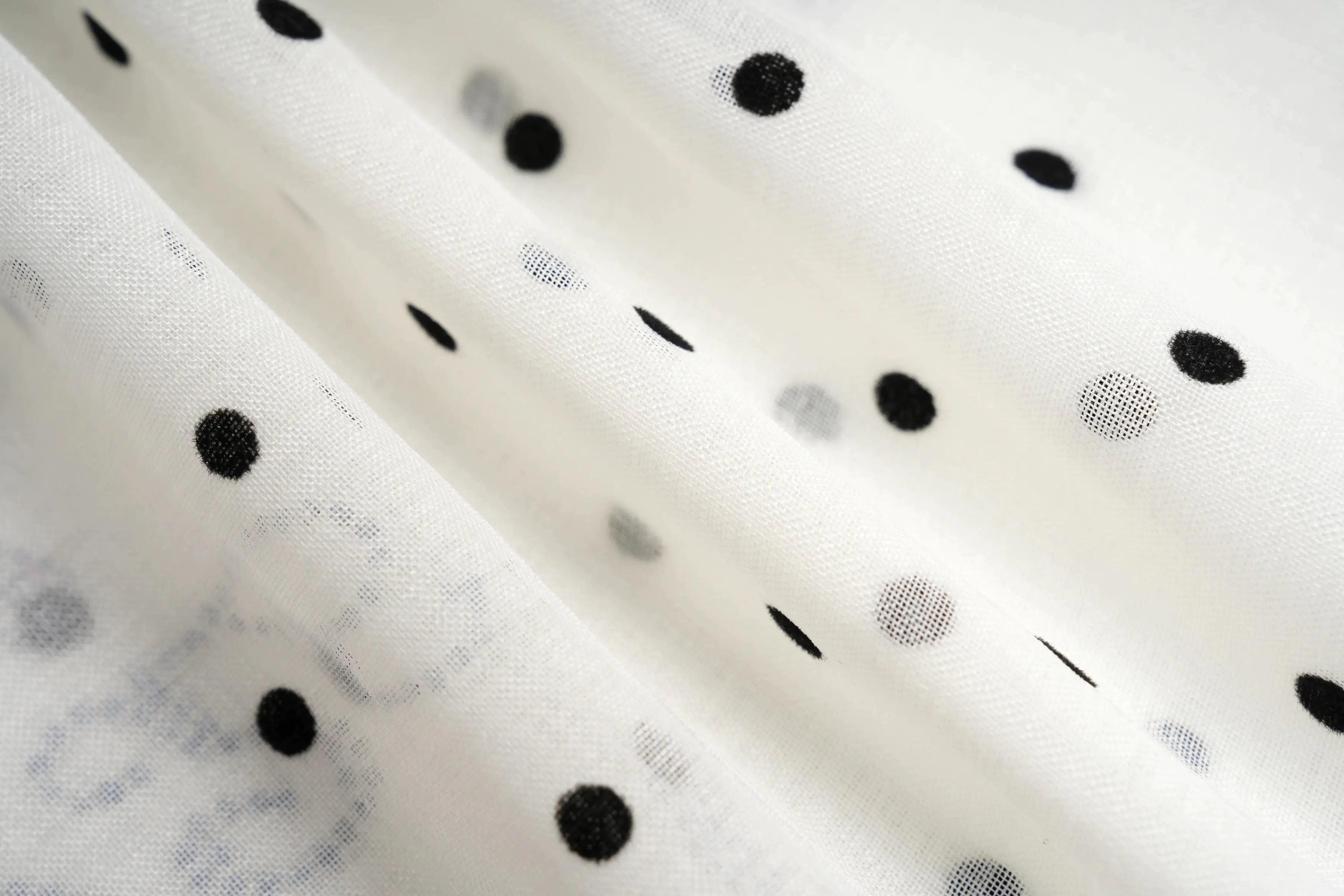 Close-up of fabric with black polka dots on a white background, TCH Rhinestone Floral Garden Polka Dot Long Sleeve Top