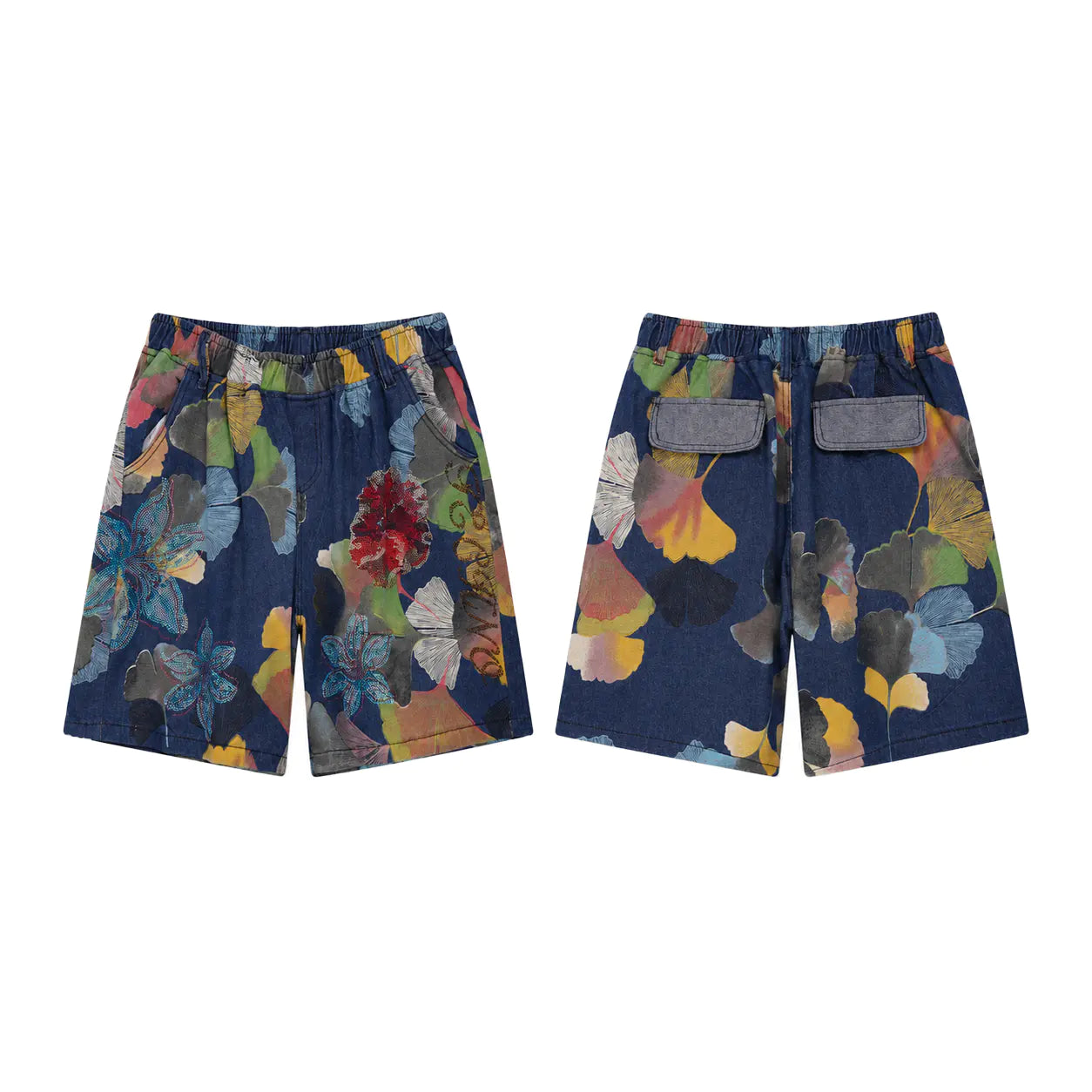 Pair of floral shorts on a white background, TCH Rhinestone Floral Ginkgo Print Denim Shorts