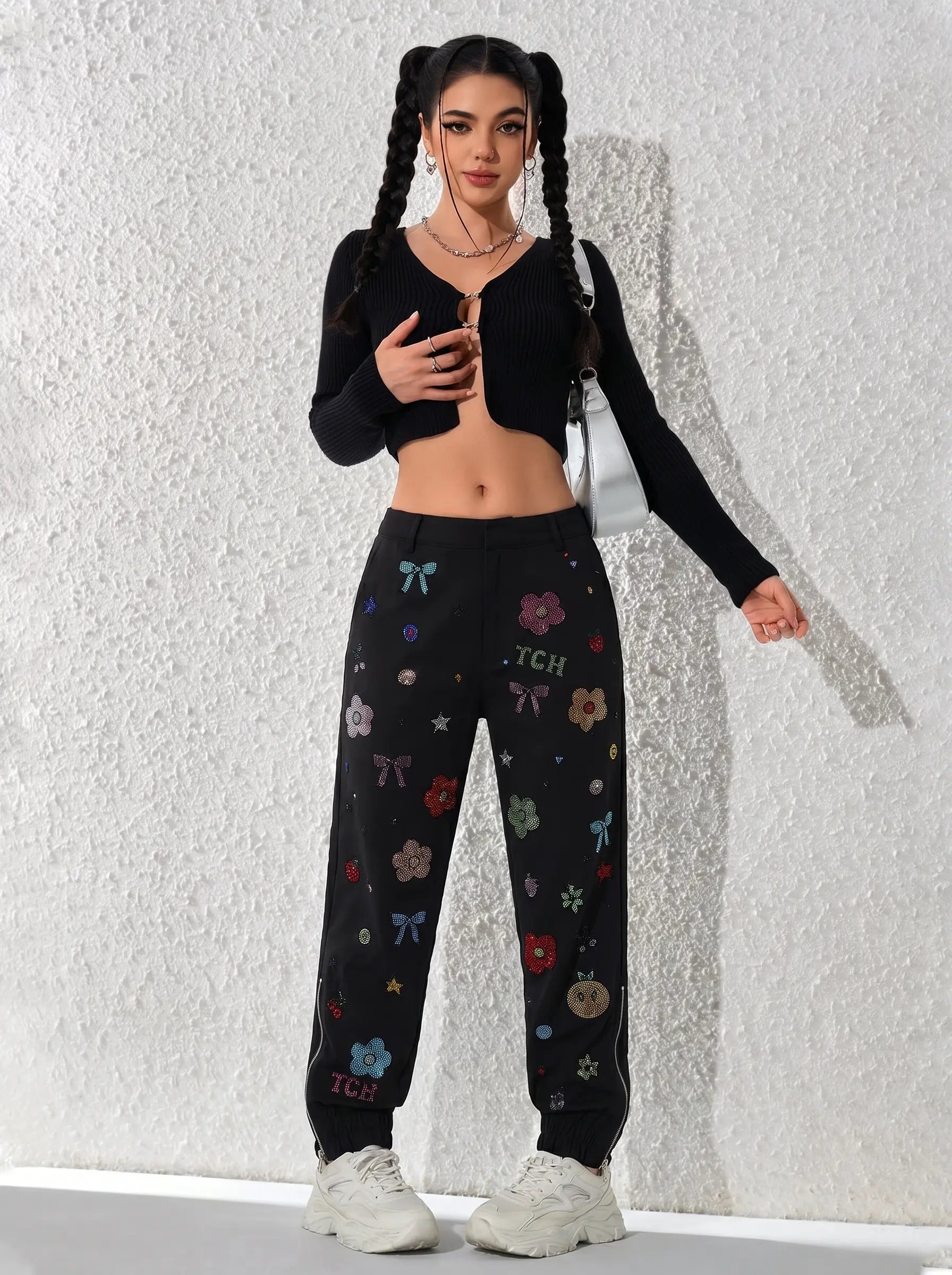 TCH Rhinestone Floral Jogger Pants - 4