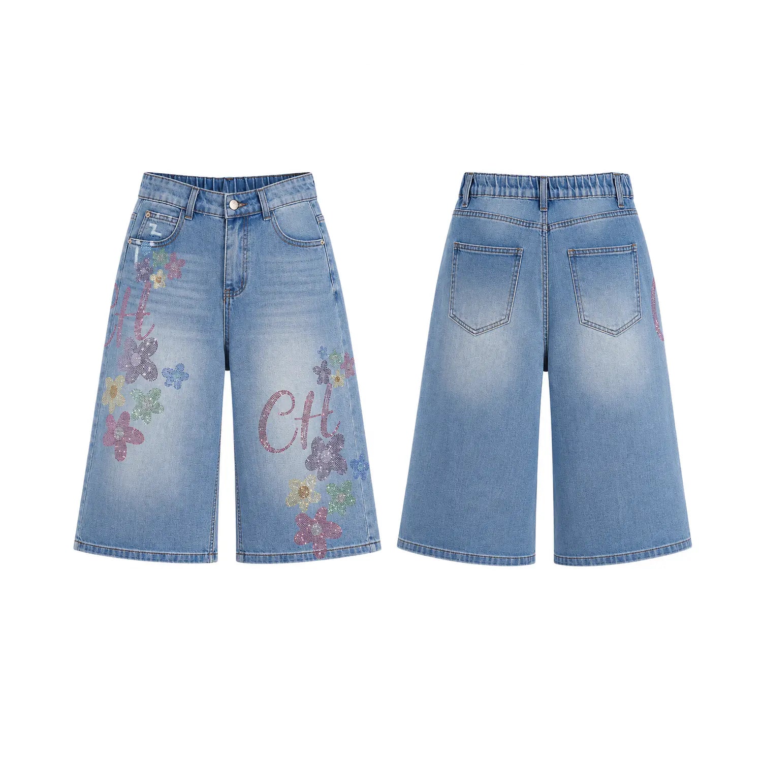 Pair of blue denim shorts with floral embroidery on a white background, TCH Rhinestone Floral Logo Wide-Leg Denim Shorts