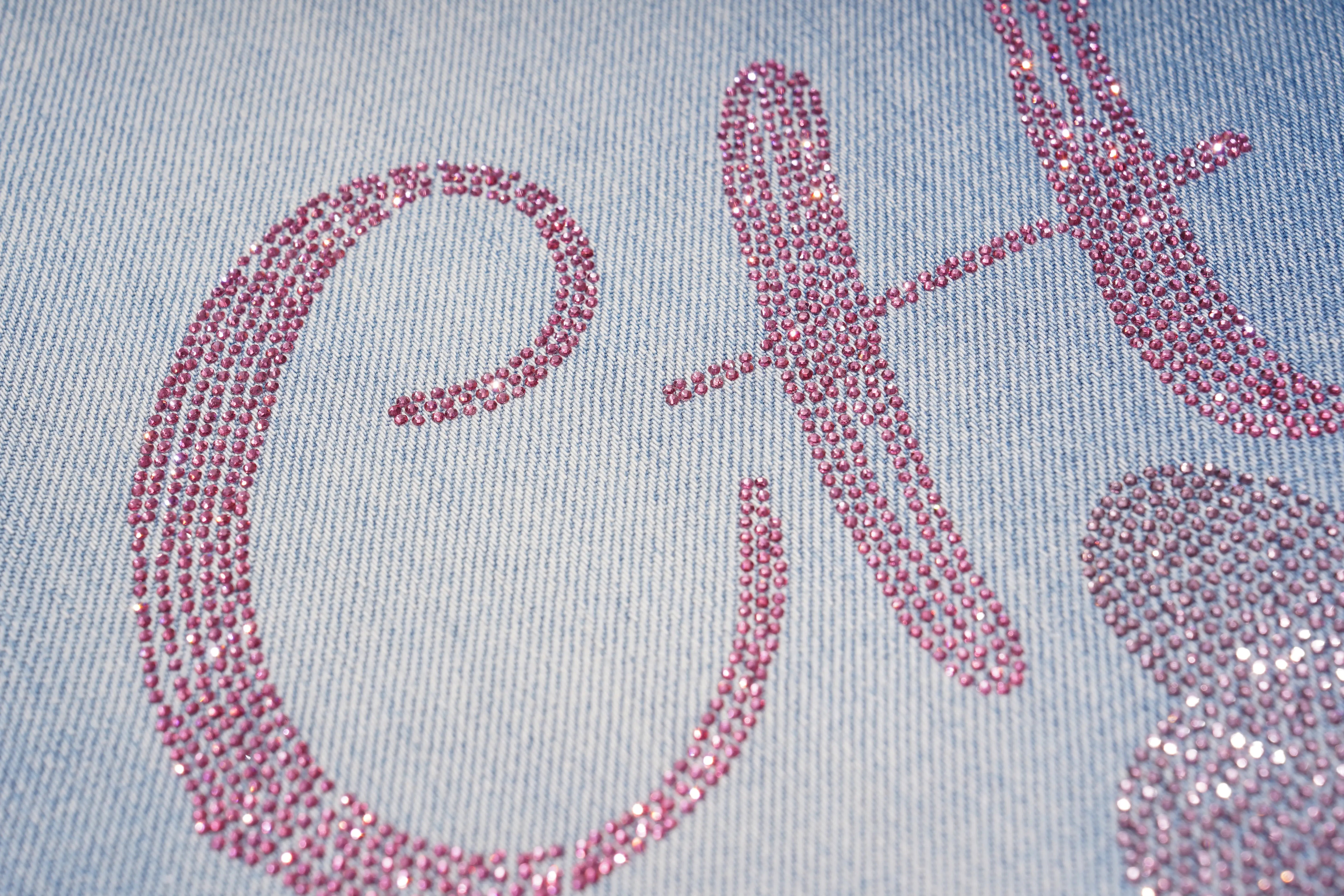 Close-up of pink rhinestone monogram on denim fabric, TCH Rhinestone Floral Logo Wide-Leg Denim Shorts