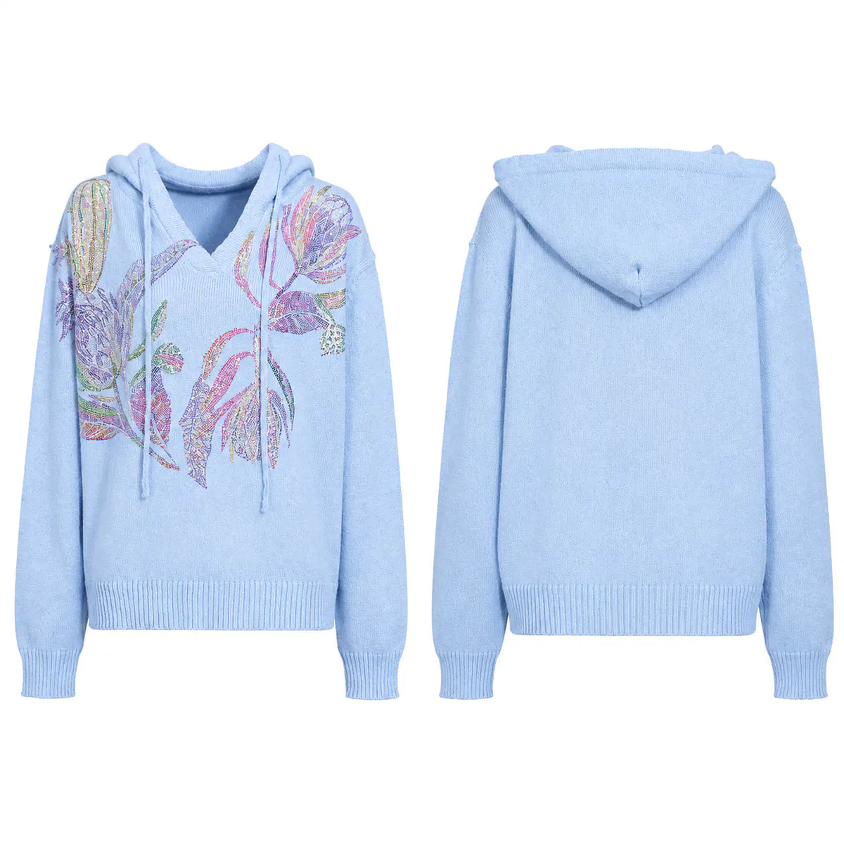 TCH Rhinestone Floral Print Blue Knit Hoodie Luxury Streetwear Brand Official Showcase