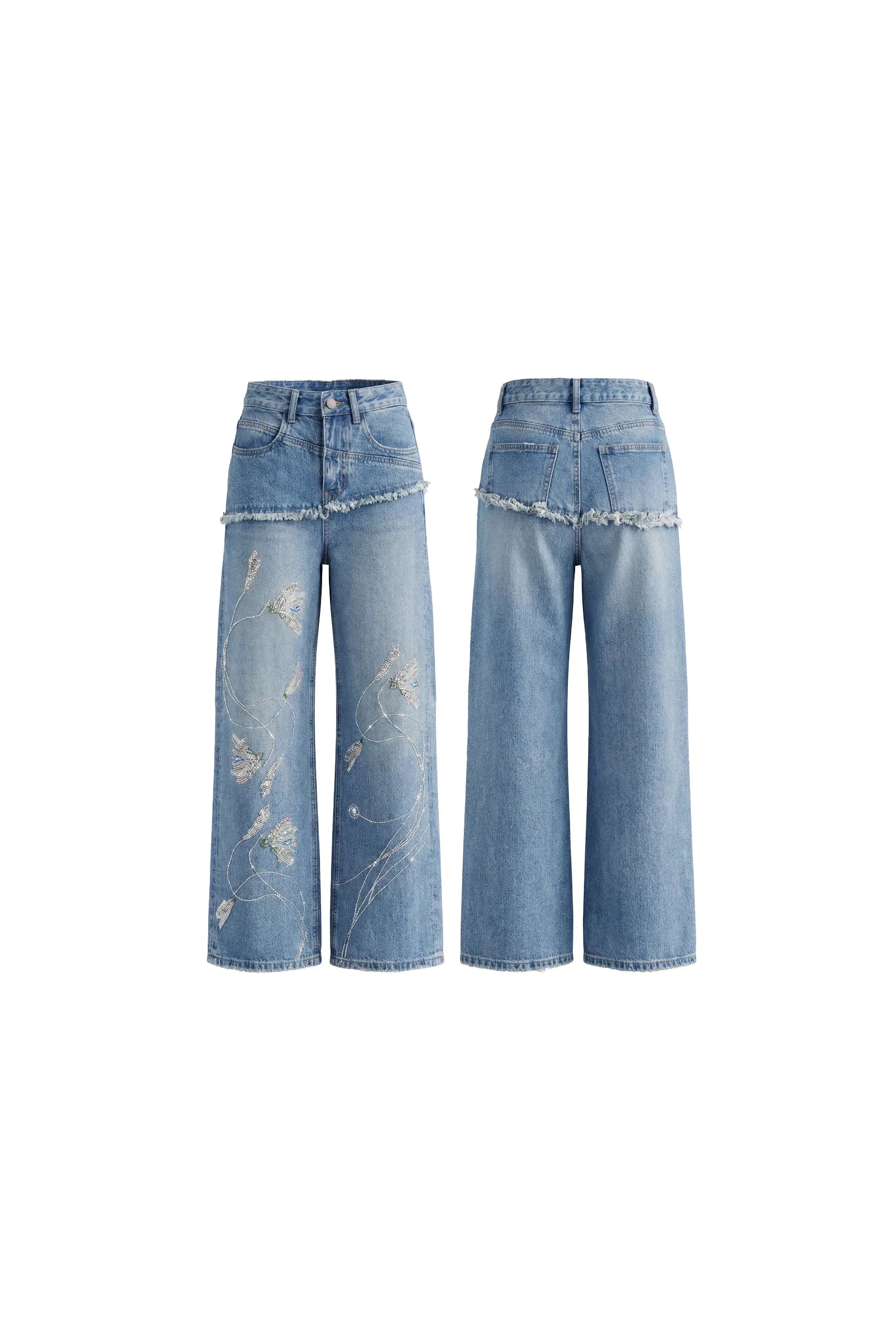 Pair of light blue jeans with embellishments on a white background, TCH Rhinestone Floral Wide-Leg Blue Jeans