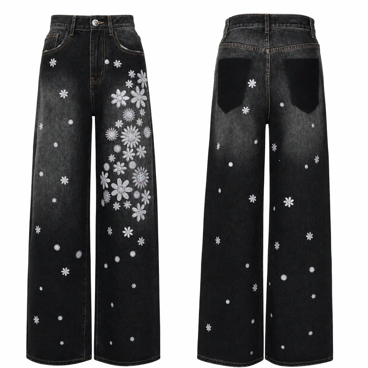 Black wide-leg denim jeans shown from the front and back, featuring a faded wash, white daisy floral prints, and scattered white star-like dots. TCH Rhinestone Floral Wide-Leg Jeans