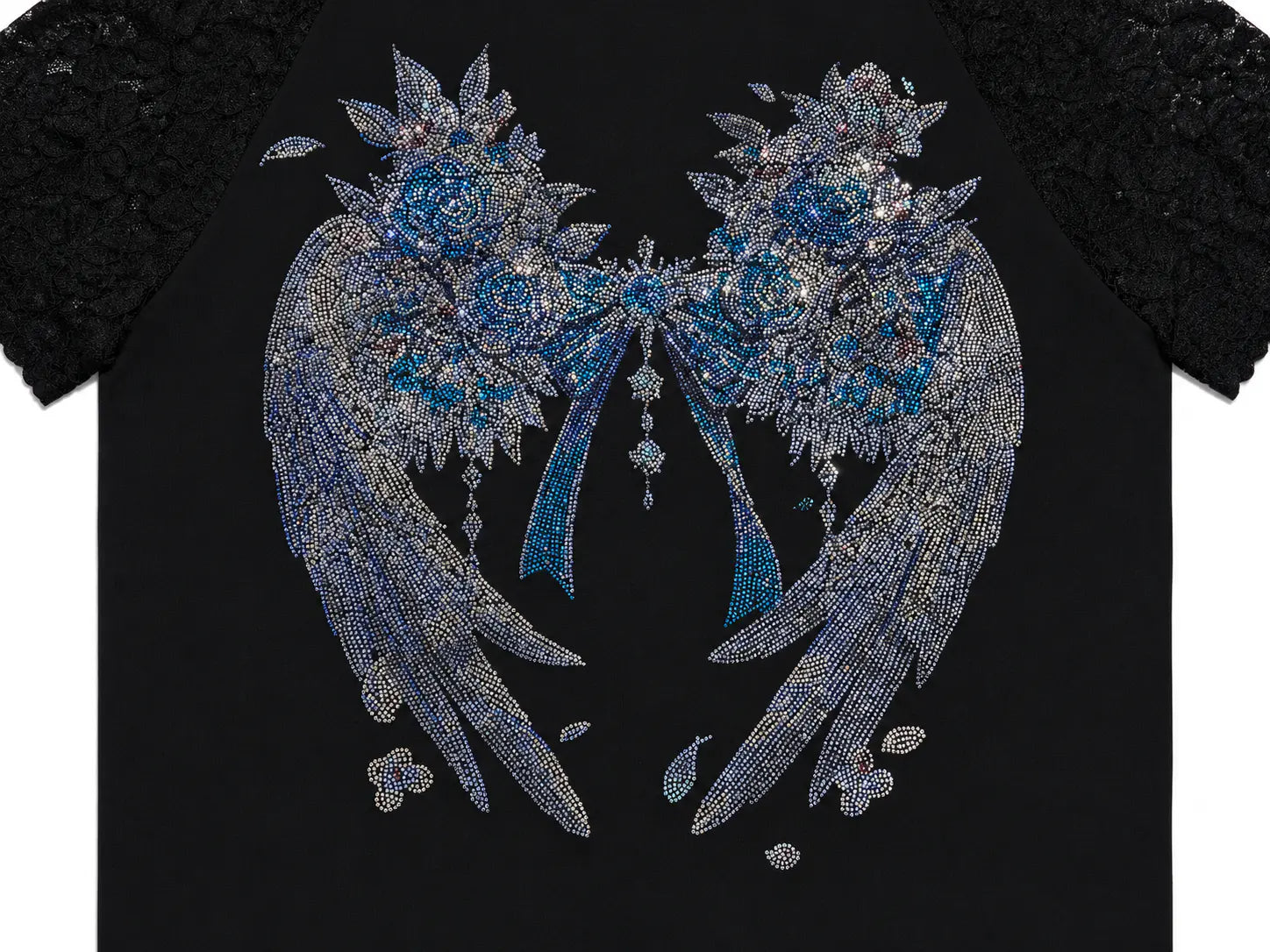 A black short-sleeve top with a large, ornate angel wing graphic on the front, embellished with blue and silver rhinestones and crystals, set against a plain white background. TCH Rhinestone Floral Wing Techno Graphic T-Shirt