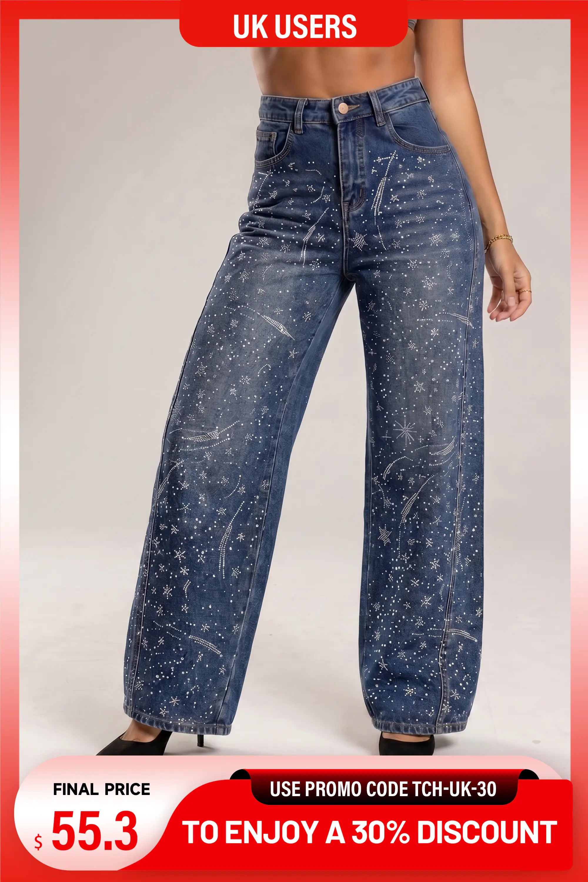 A model wearing high-waisted, wide-leg blue jeans with a white paint splatter pattern, shown against a light gray studio background with promotional text overlays. TCH Rhinestone Galaxy Sparkle Wide-Leg Jeans