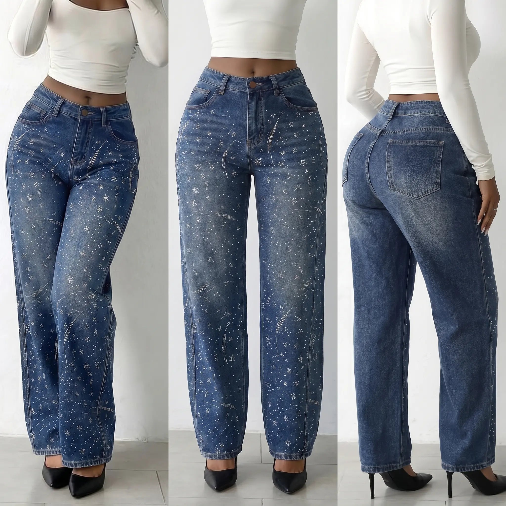 Three views of a person wearing blue acid-wash jeans against a white background, TCH Rhinestone Galaxy Sparkle Wide-Leg Jeans