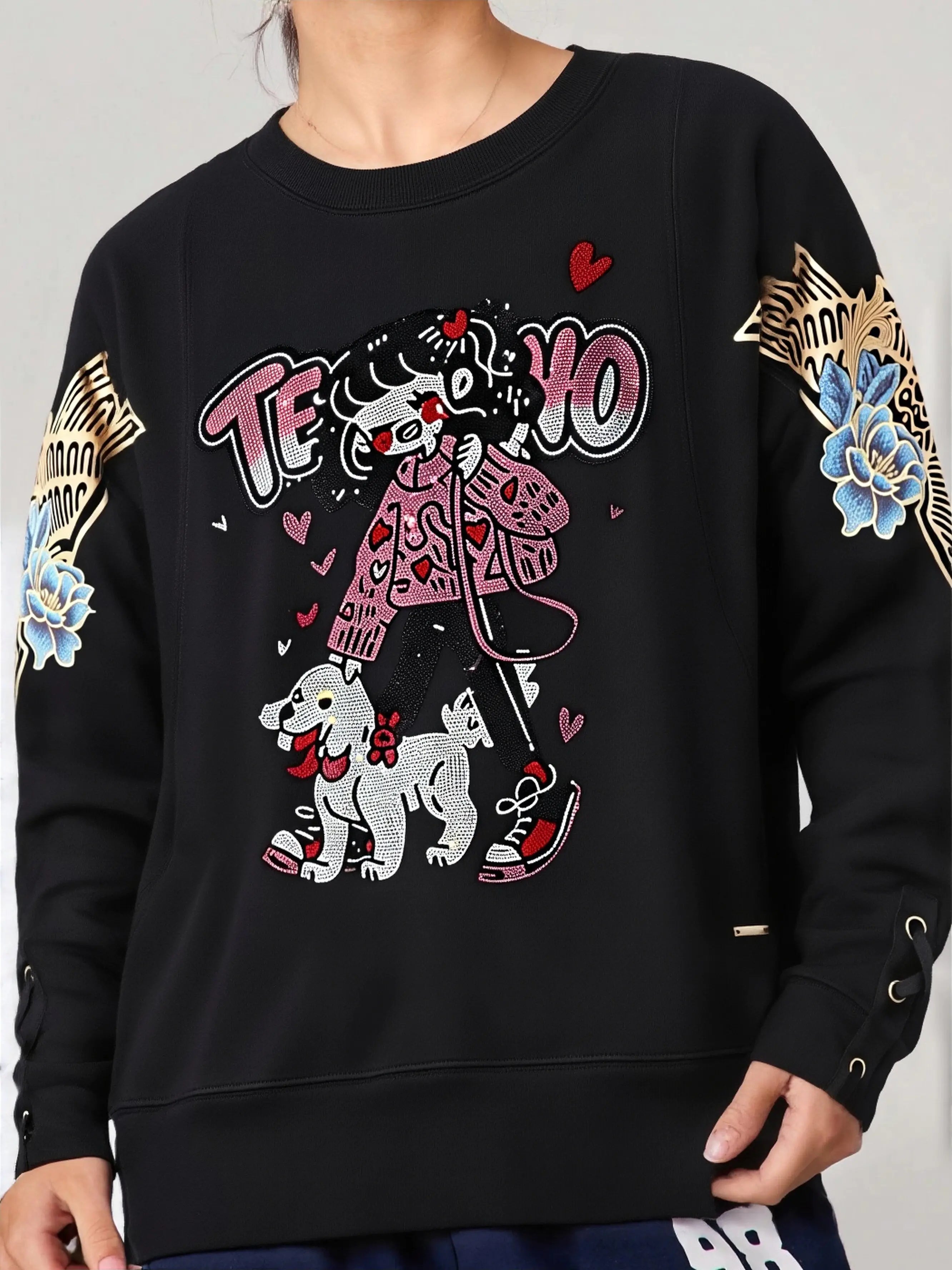 Black sweatshirt with colorful graphic design featuring a cartoon character and text on a plain background, TCH Rhinestone Girl & Dog Graphic Crewneck Sweatshirt