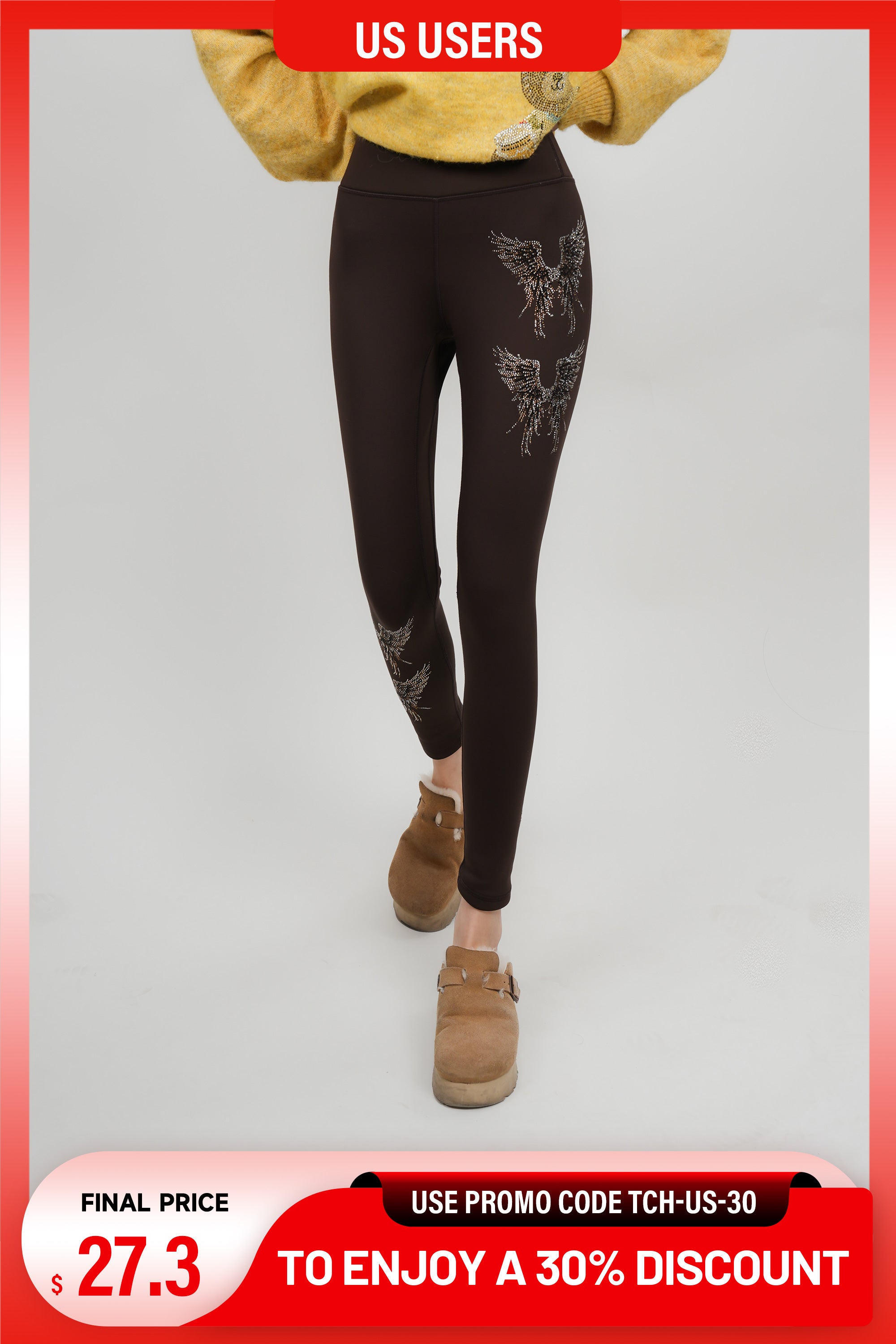 Person wearing black leggings with a design, standing on a gray background with promotional text overlay. TCH Rhinestone Golden Wings Black High-Waist Leggings