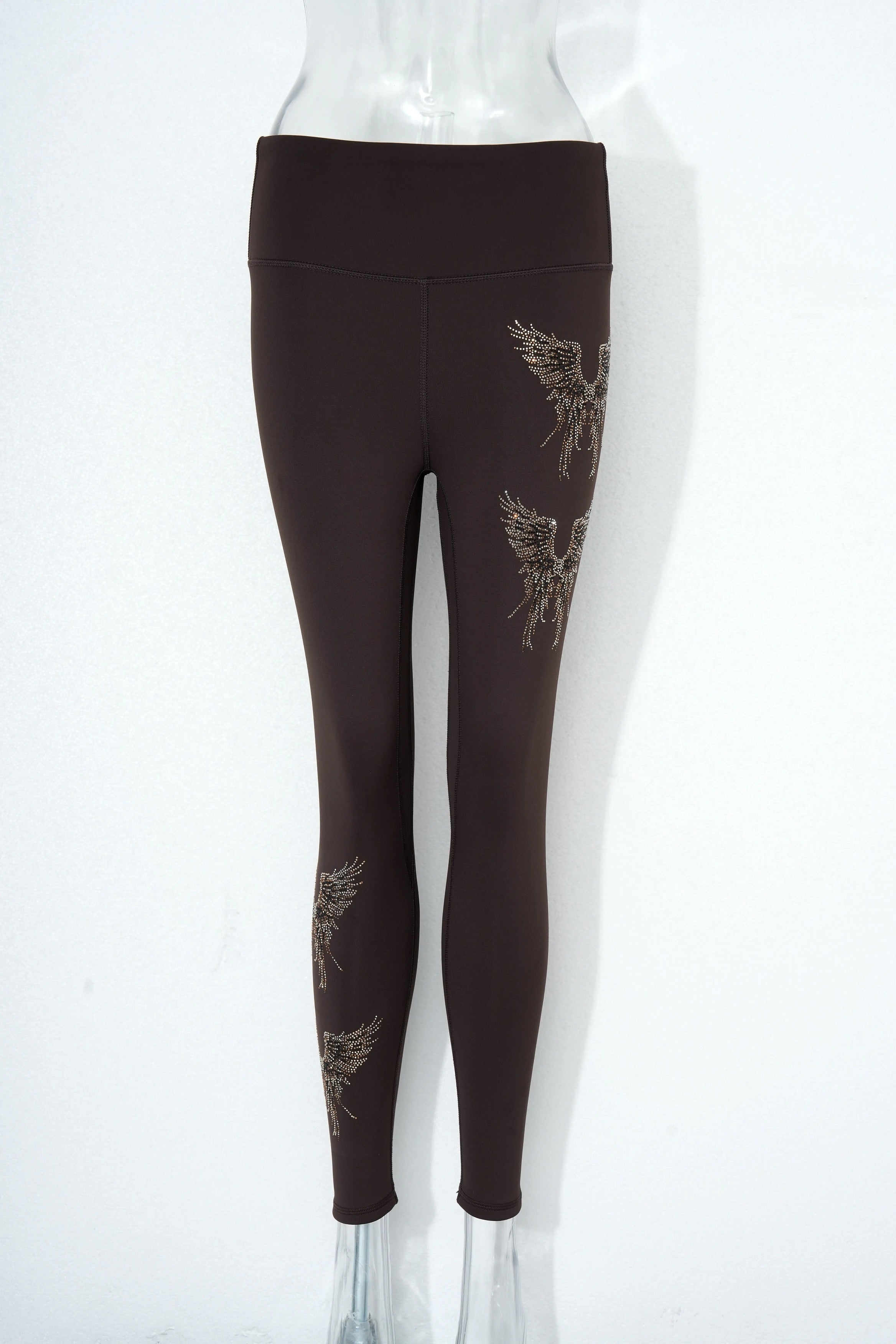 Black leggings with floral patterns on a white background, TCH Rhinestone Golden Wings Black High-Waist Leggings