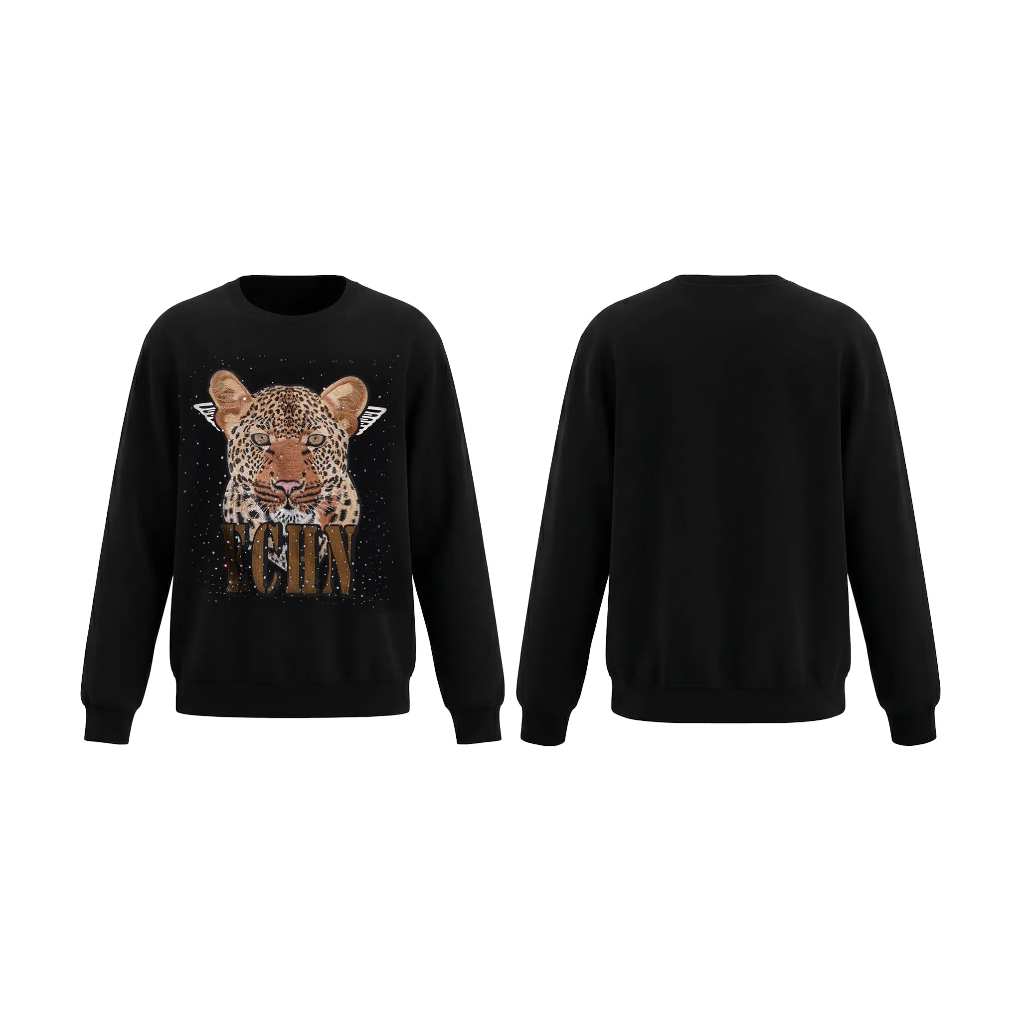 Black sweatshirt with a leopard design on the front, shown from front and back views. TCH Rhinestone Gradient Star Leopard Sweatshirt