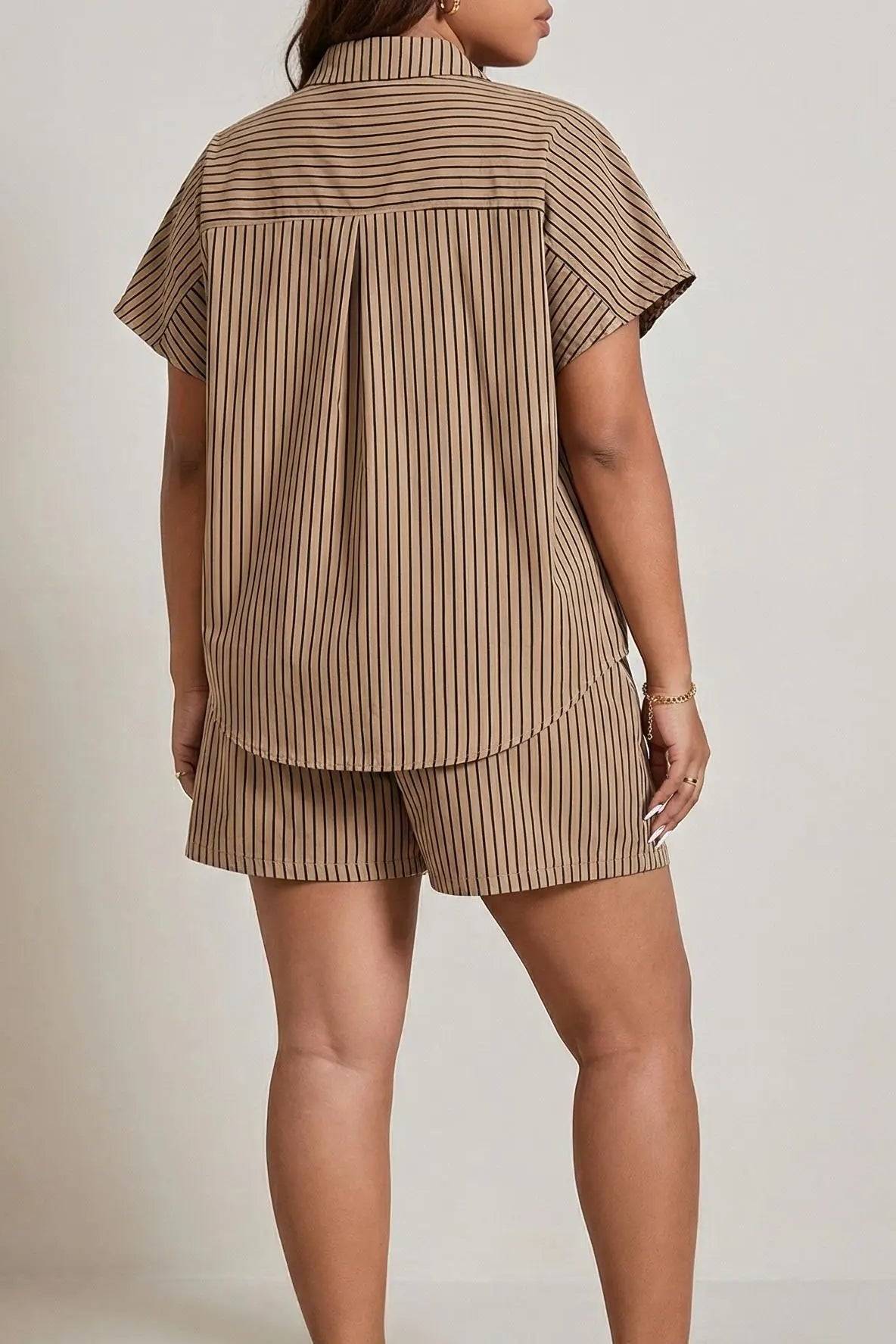 Person wearing a beige striped shirt and shorts set on a plain background, TCH Rhinestone Graffiti Cat & Cherry Set