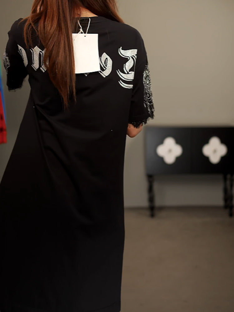 tch rhinestone graphic lace contrast midi dress black HighEnd Luxury Streetwear Brand Official Showcase