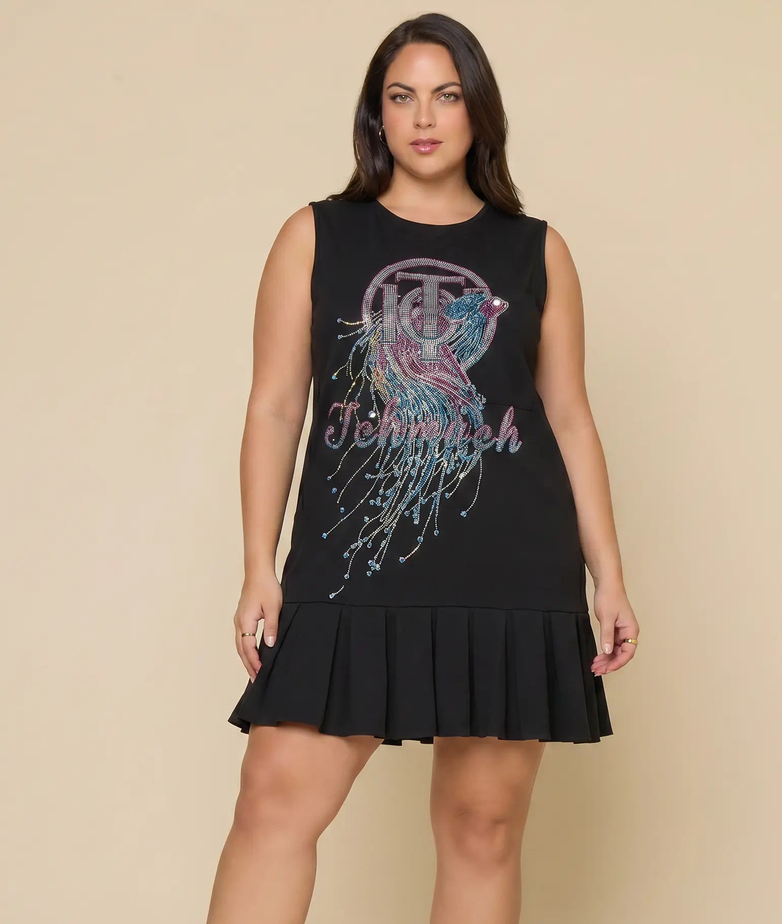 TCH Rhinestone Graphic Pleated Hem Sleeveless Black Dress TCH Rhinestone Graphic Pleated Hem Sleeveless Black Dress