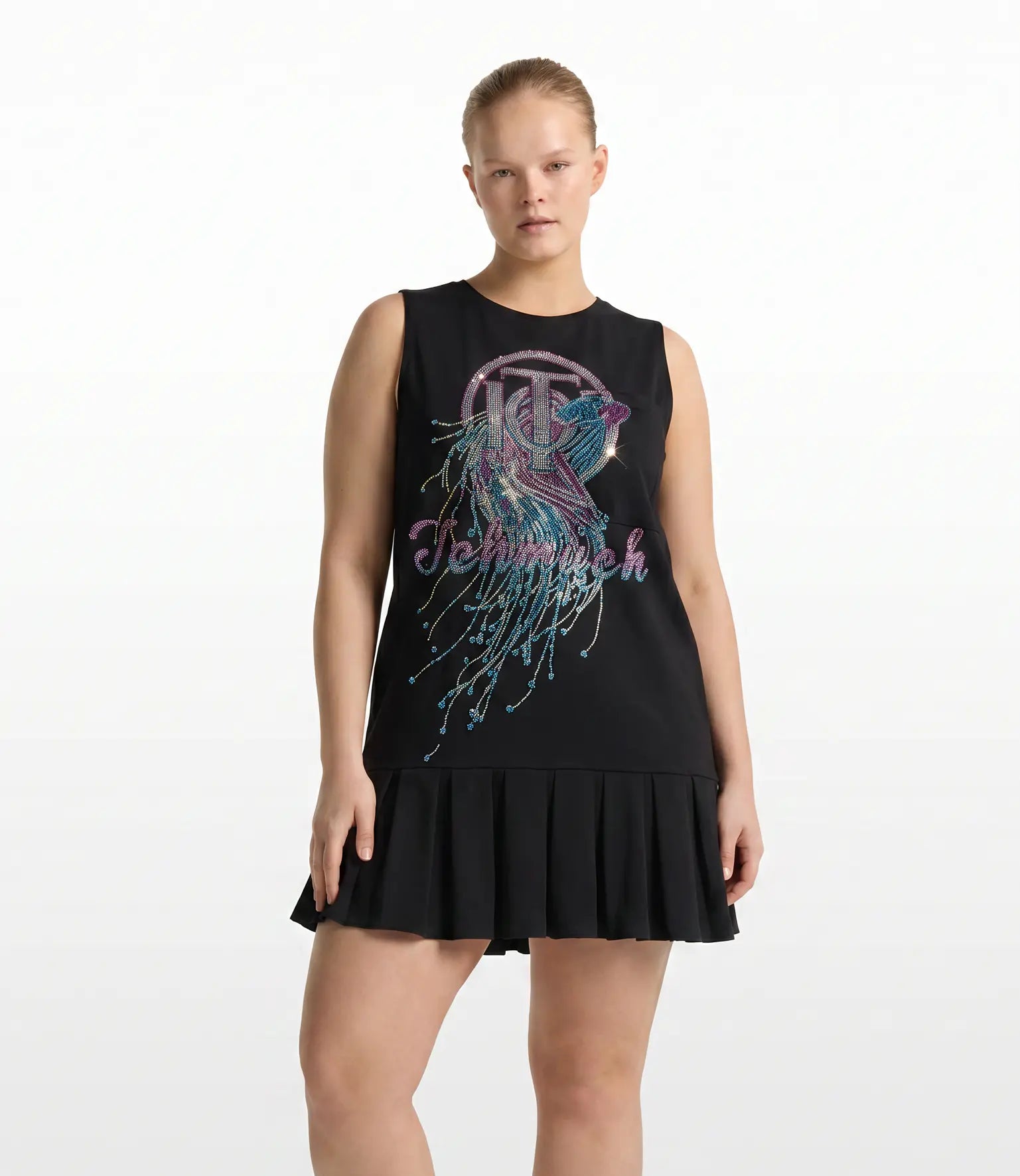 TCH Rhinestone Graphic Pleated Hem Sleeveless Black Dress TCH Rhinestone Graphic Pleated Hem Sleeveless Black Dress