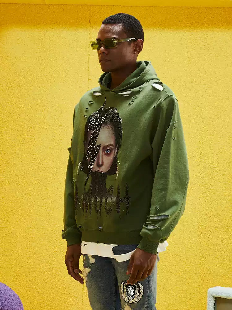 tch rhinestone graphic print hip hop hoodie darkgreen HighEnd Luxury Streetwear Brand Official Showcase