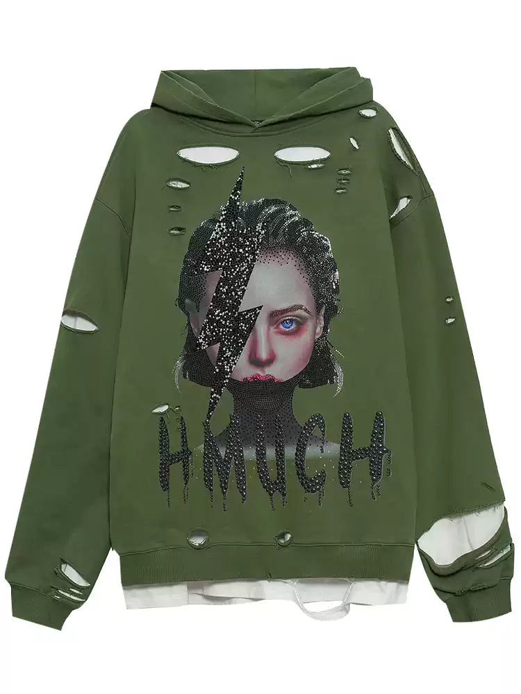 tch rhinestone graphic print hip hop hoodie darkgreen HighEnd Luxury Streetwear Brand Official Showcase