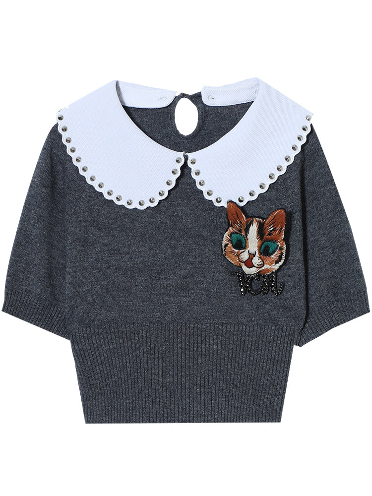 tch rhinestone graphic short sleeve knit sweater gray HighEnd Luxury Streetwear Brand Official Showcase