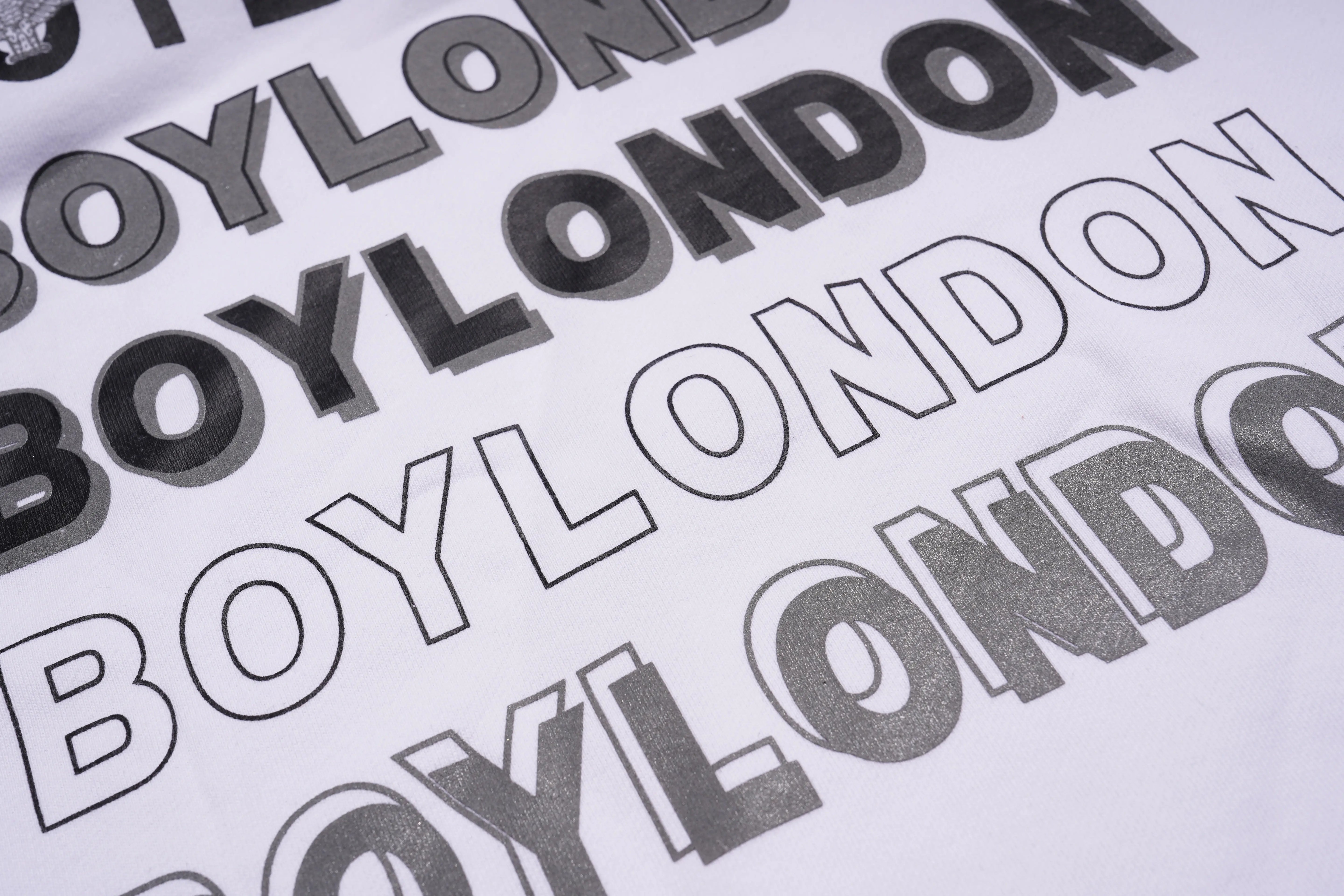 Repetitive text of 'BOYLONDON' on a white background, TCH Rhinestone Hello Kitty BOYLONDON Sweatshirt