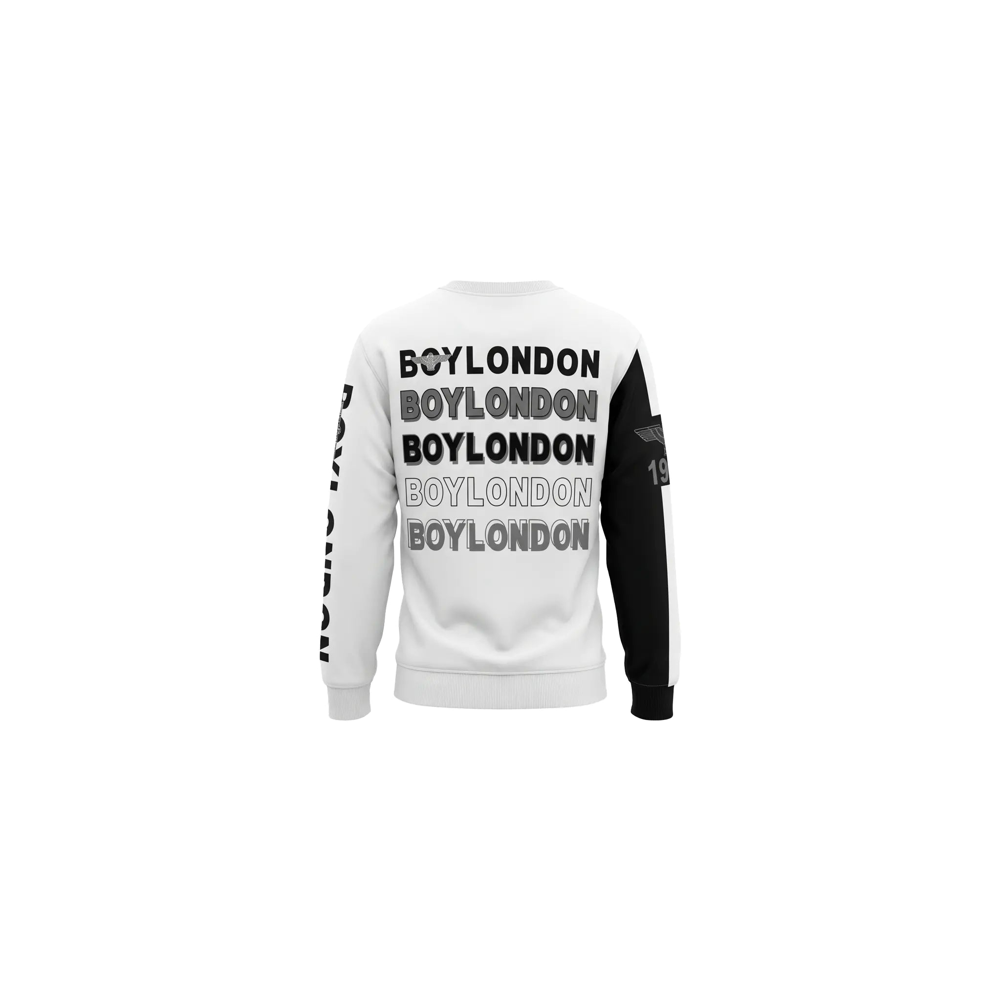 White sweatshirt with black text and sleeves on a white background, TCH Rhinestone Hello Kitty BOYLONDON Sweatshirt