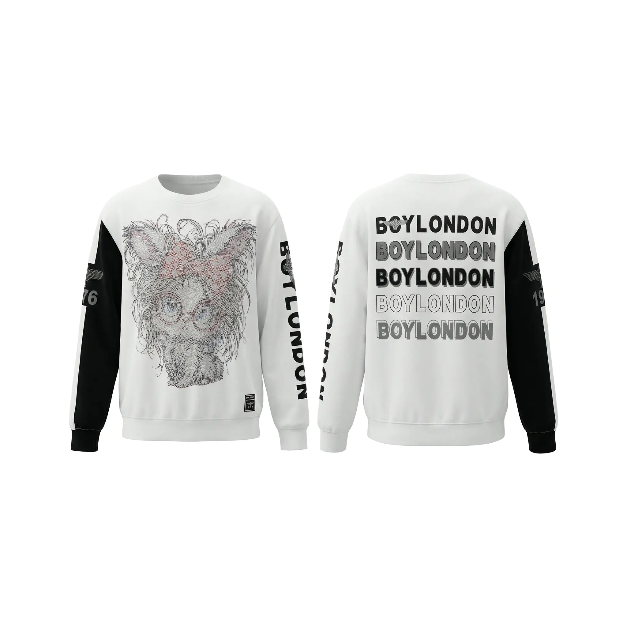 White sweatshirt with black sleeves featuring a graphic design on the front and 'BOYLONDON' branding on the back. TCH Rhinestone Hello Kitty BOYLONDON Sweatshirt