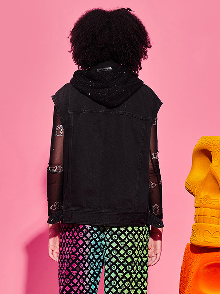tch rhinestone hooded denim vest jacket black HighEnd Luxury Streetwear Brand Official Showcase