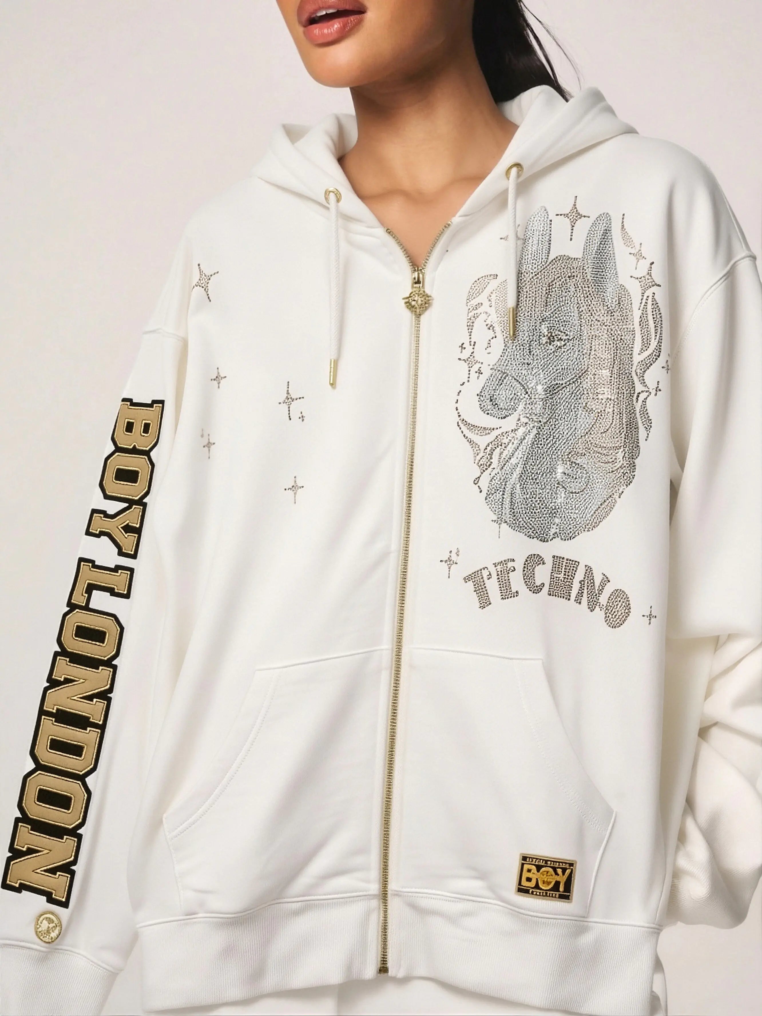 White hoodie with 'Boy London' branding and elephant design on a plain background， TCH Rhinestone Horse Graphic Jacket