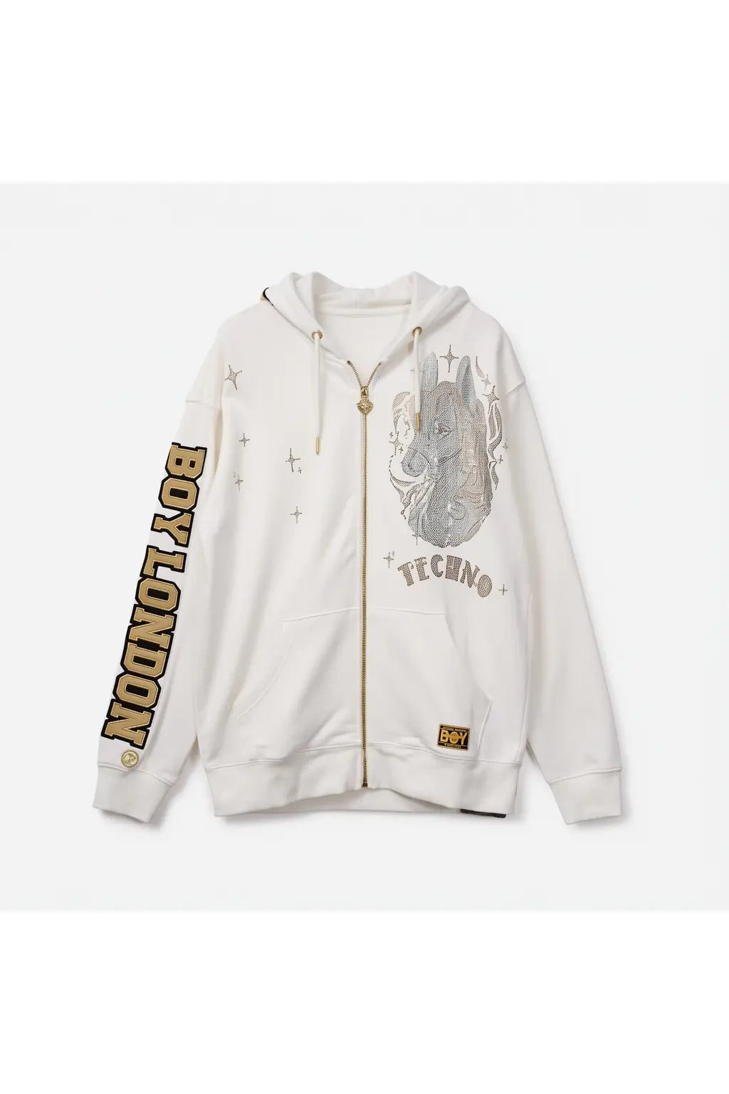 White hoodie with graphic design and text on a white background, TCH Rhinestone Horse Graphic Jacket