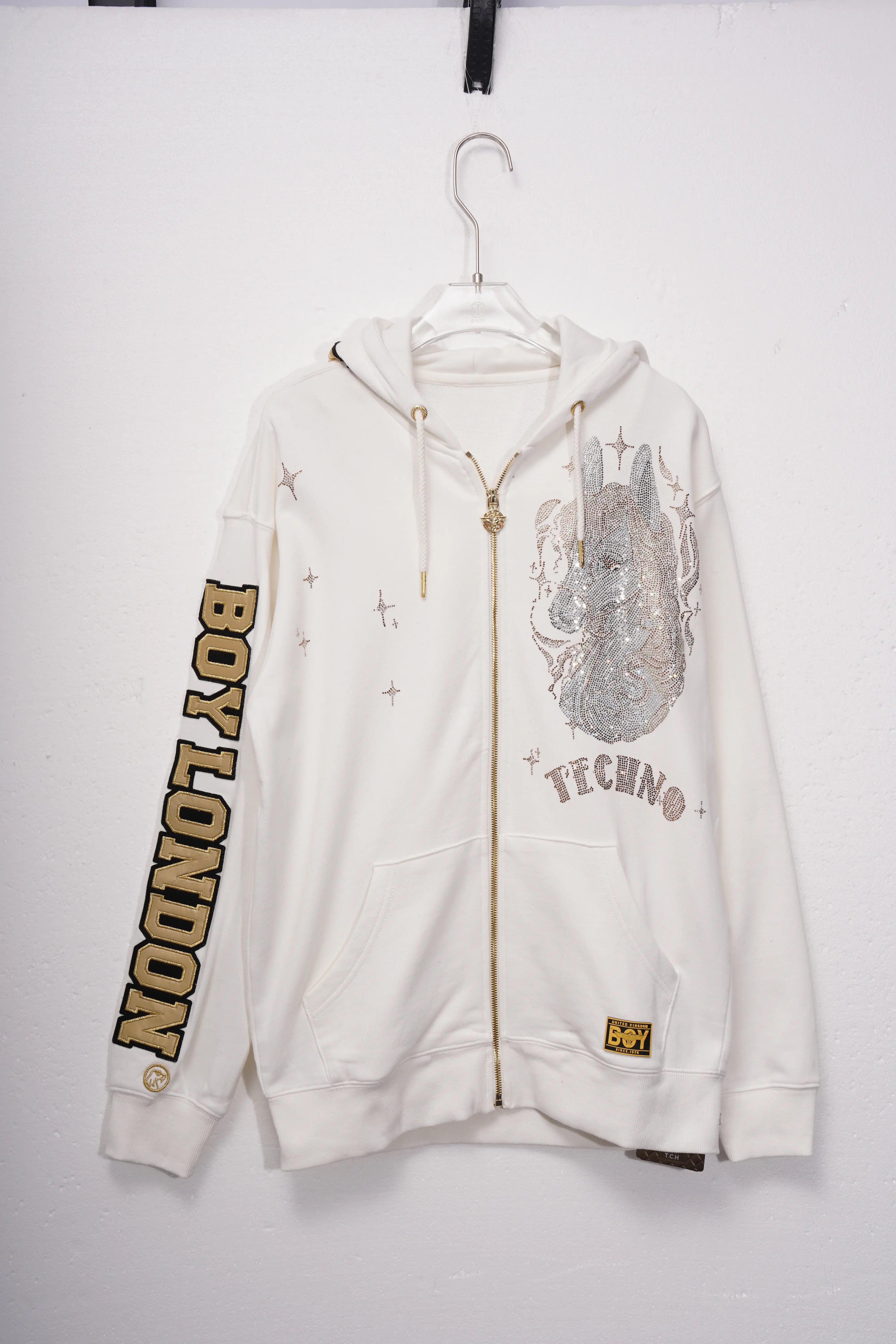 White hoodie with 'Boy London' and 'Techno' text on a white background, TCH Rhinestone Horse Graphic Jacket