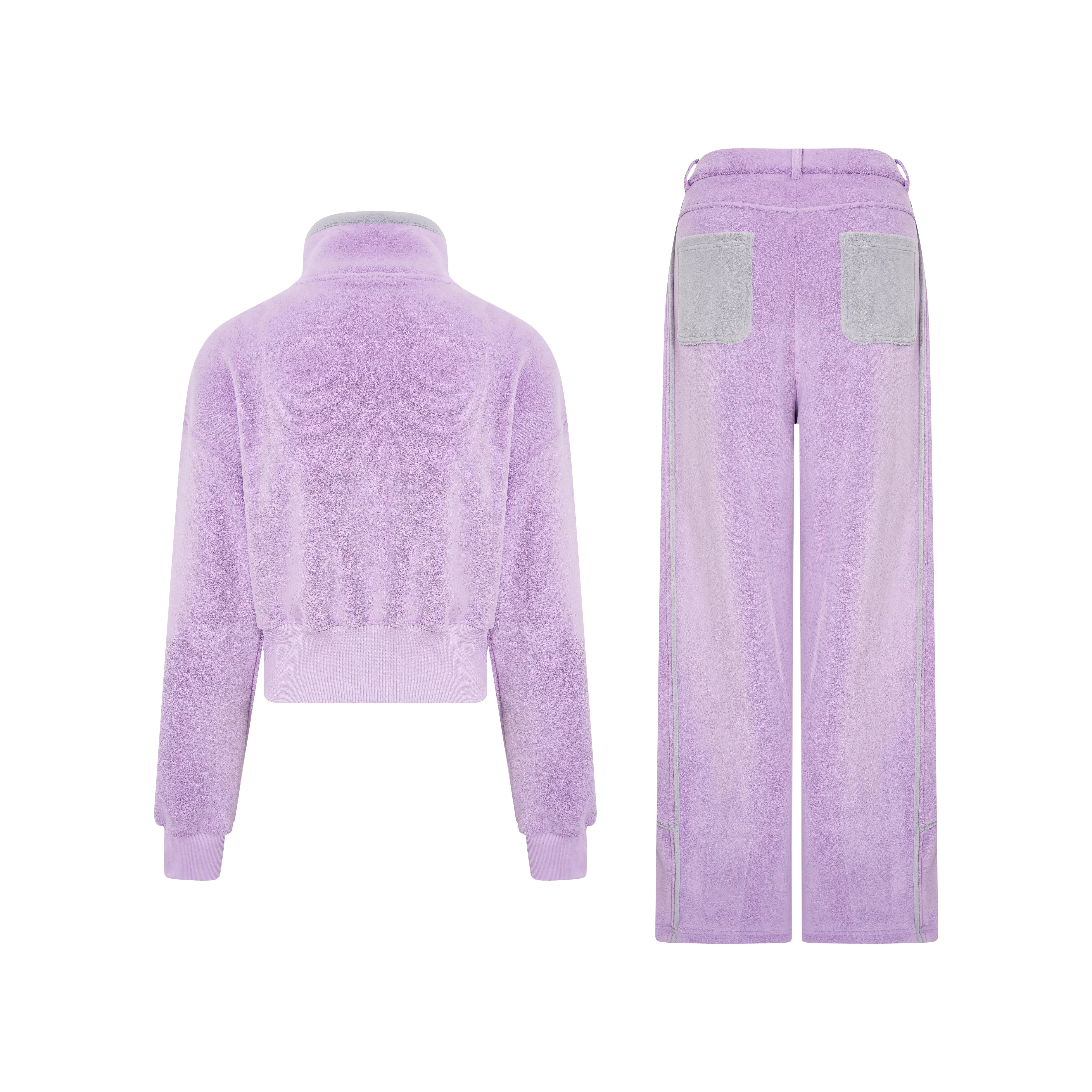 Beige wide-leg pants on a white background, TCH Rhinestone Laundry Line Purple Zip Turtleneck Set