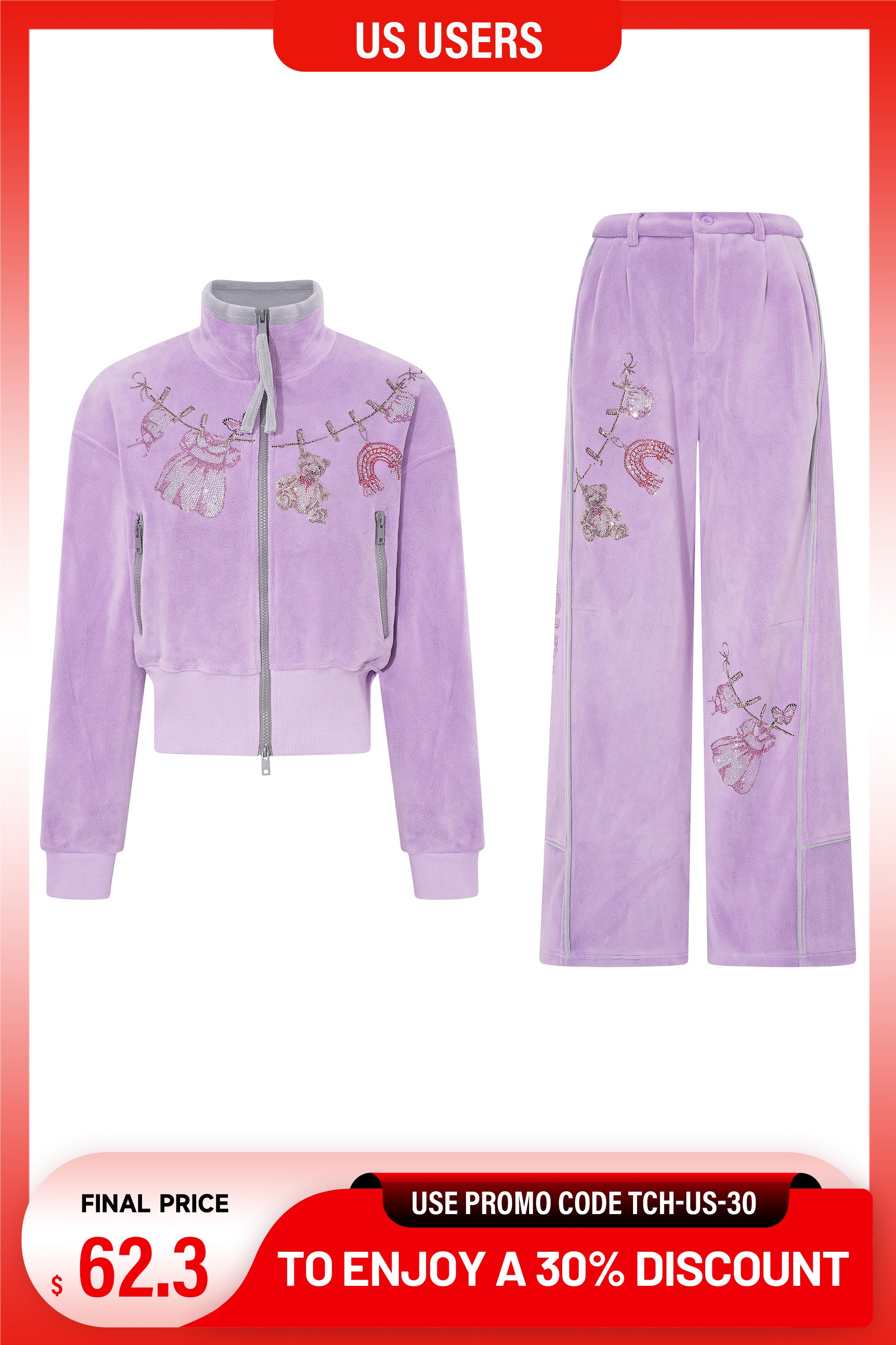 Purple tracksuit with floral embroidery on a gradient background, TCH Rhinestone Laundry Line Purple Zip Turtleneck Set